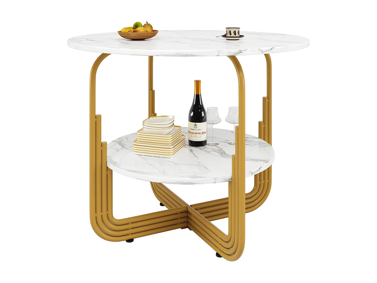 Table à Manger Ronde, MDF avec Plateau Effet Marbre, Base Métallique Dorée, Pour 4 Personnes, Couleur Or (80x80x76 cm)