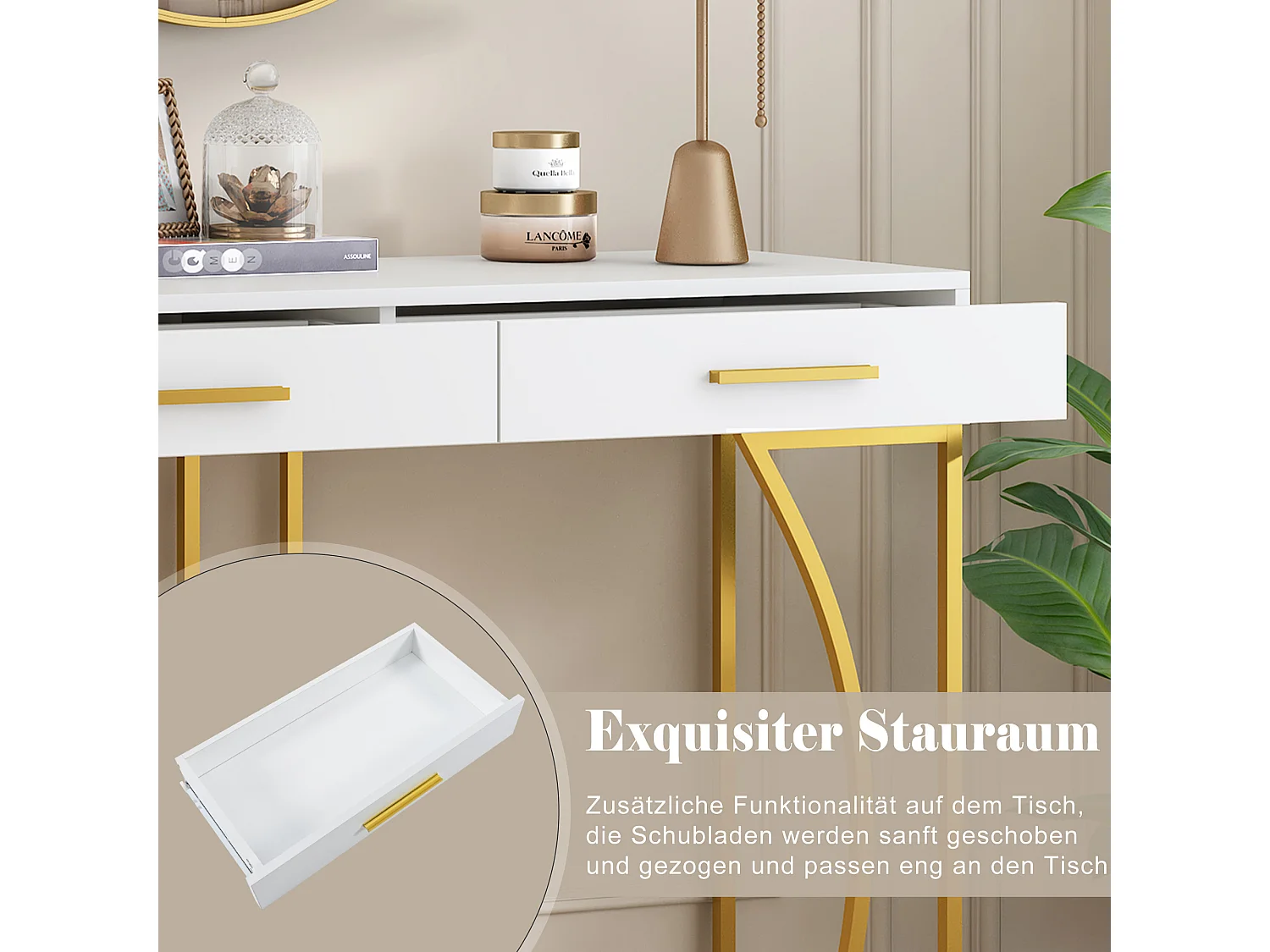 Table Console avec 2 Tiroirs, Design Élégant en Métal et MDF, Blanc et Doré (120x38x76 cm)