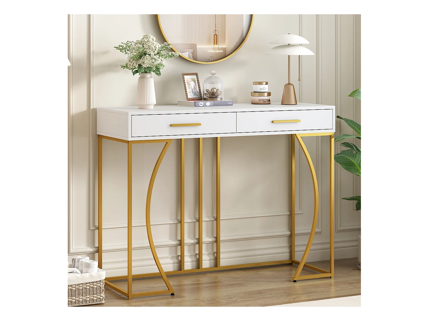Consolle con 2 cassetti, design elegante in metallo e MDF, bianco e oro (120x38x76 cm)