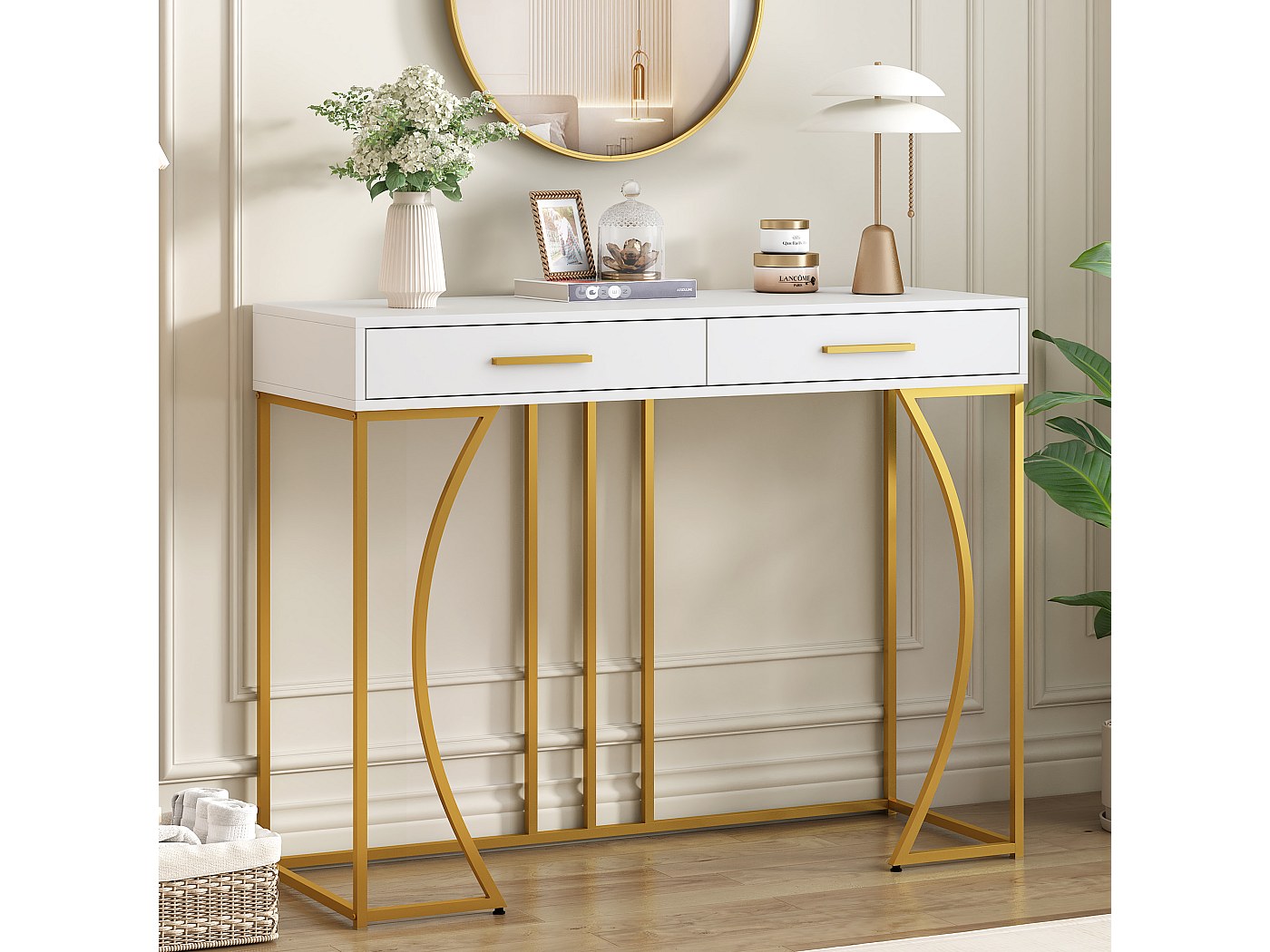 Consolle con 2 cassetti, design elegante in metallo e MDF, bianco e oro ...