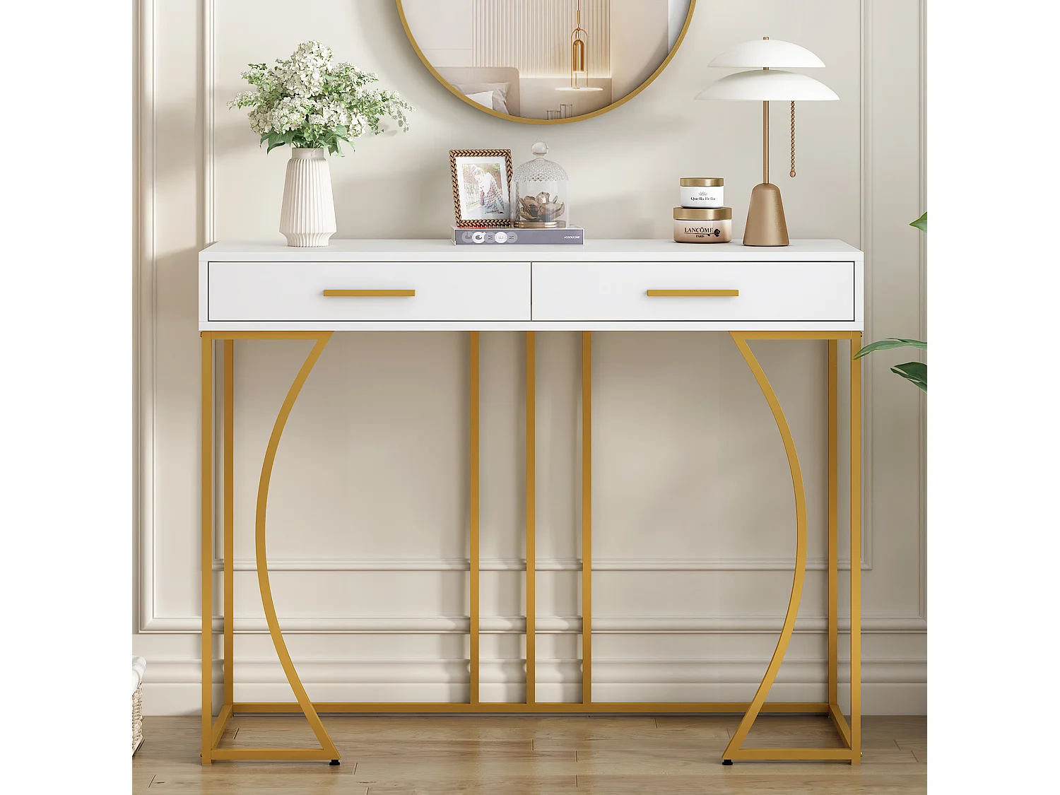 Table Console avec 2 Tiroirs, Design Élégant en Métal et MDF, Blanc et Doré (120x38x76 cm)