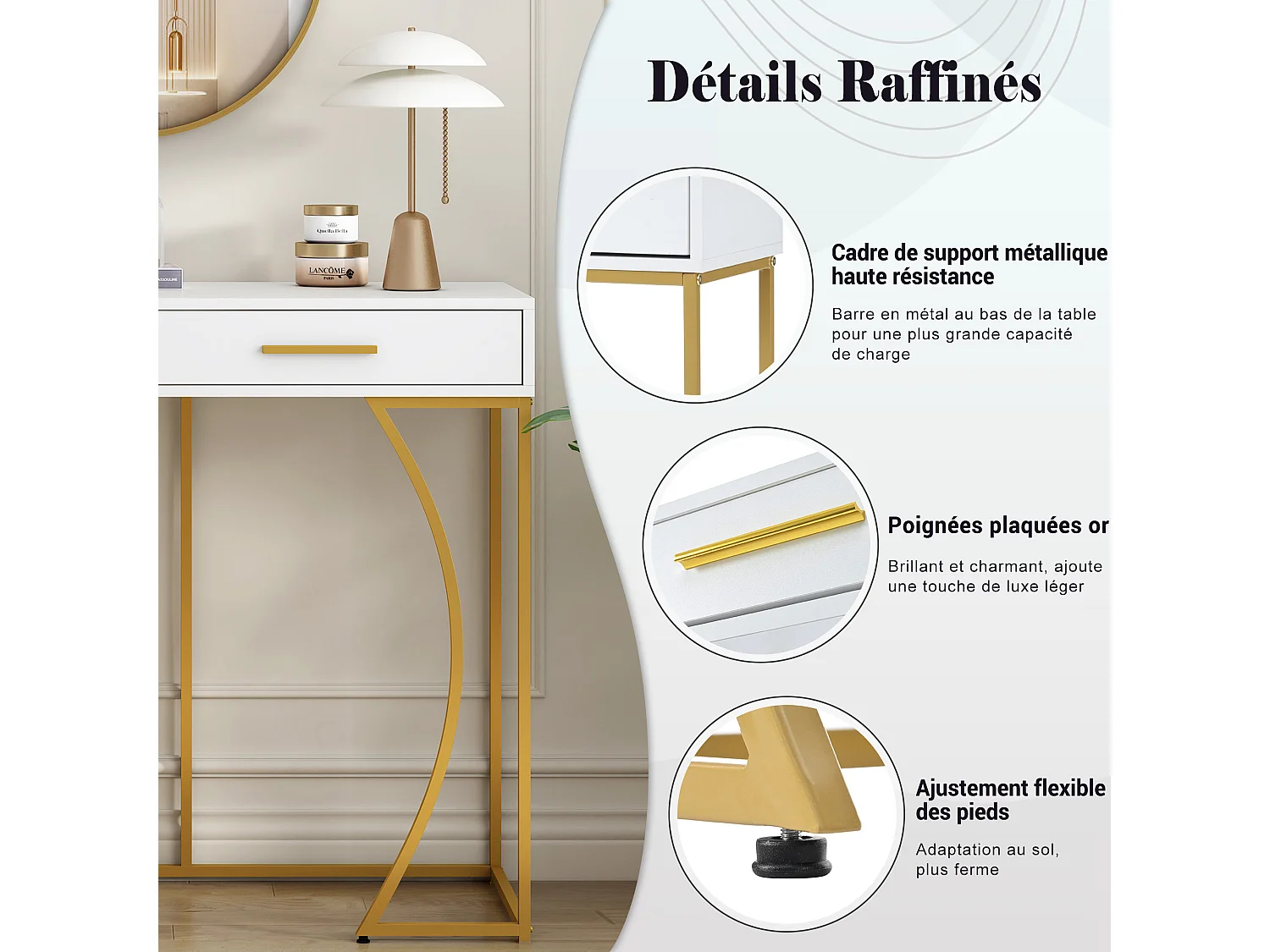 Table Console avec 2 Tiroirs, Design Élégant en Métal et MDF, Blanc et Doré (120x38x76 cm)