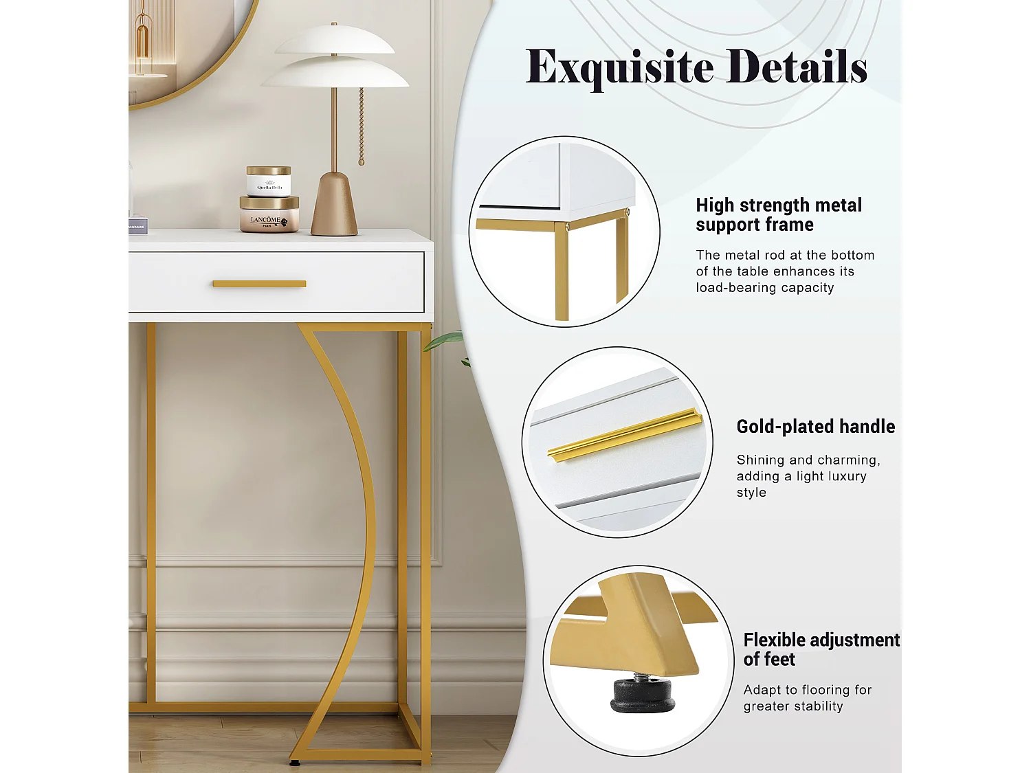 Table Console avec 2 Tiroirs, Design Élégant en Métal et MDF, Blanc et Doré (120x38x76 cm)