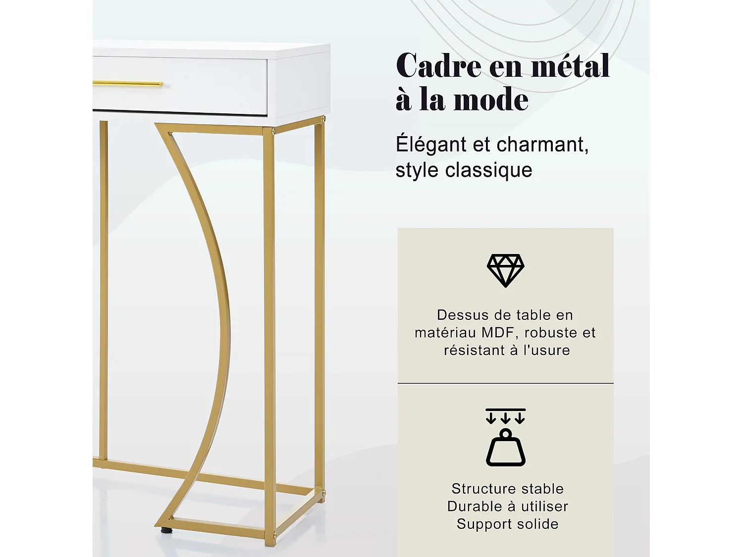 Table Console avec 2 Tiroirs, Design Élégant en Métal et MDF, Blanc et Doré (120x38x76 cm)