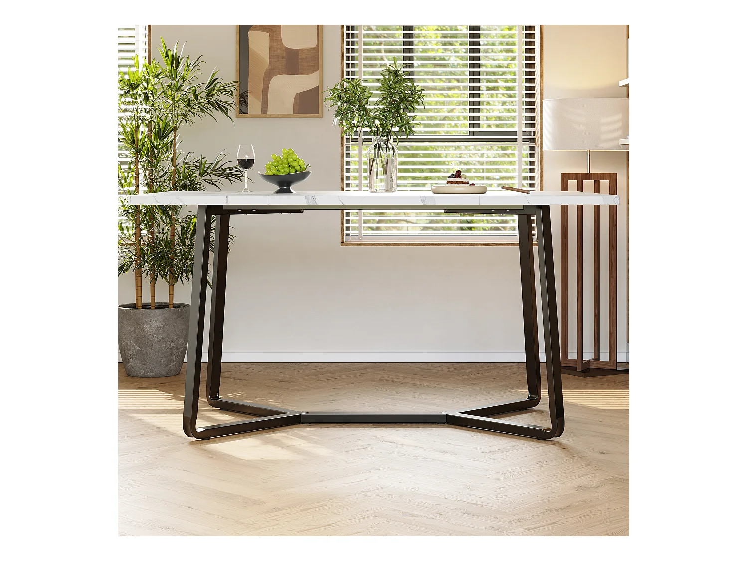 Table de salle à manger MDF marbré avec pieds noirs, design élégant, 4 à 6 places (108.8x75x76 cm)