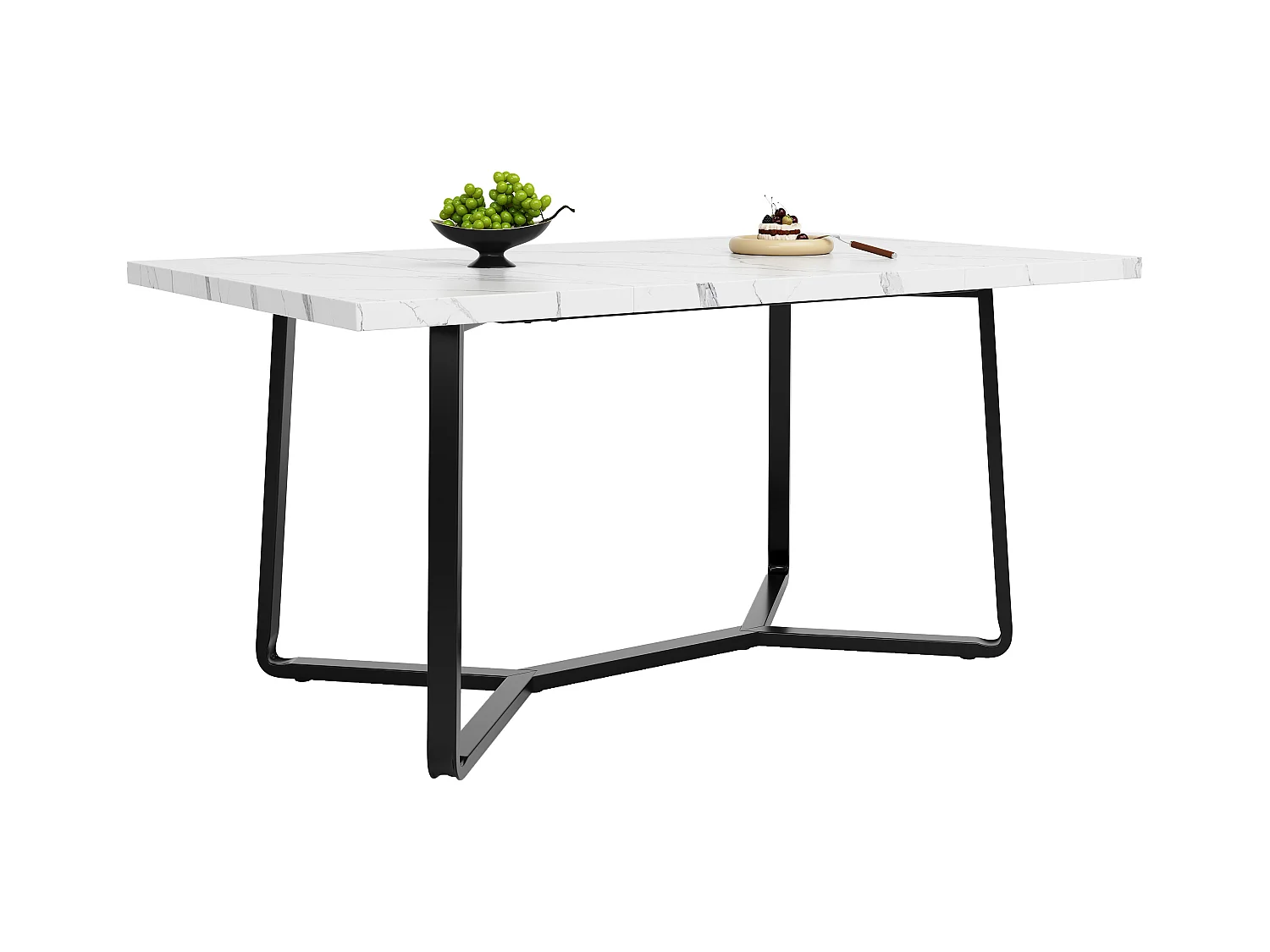 Table de salle à manger MDF marbré avec pieds noirs, design élégant, 4 à 6 places (108.8x75x76 cm)