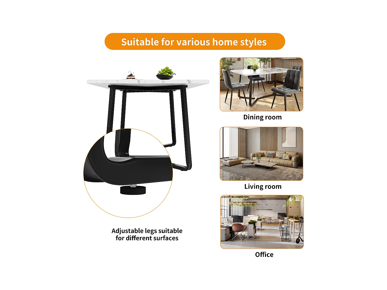 Table de salle à manger MDF marbré avec pieds noirs, design élégant, 4 à 6 places (108.8x75x76 cm)