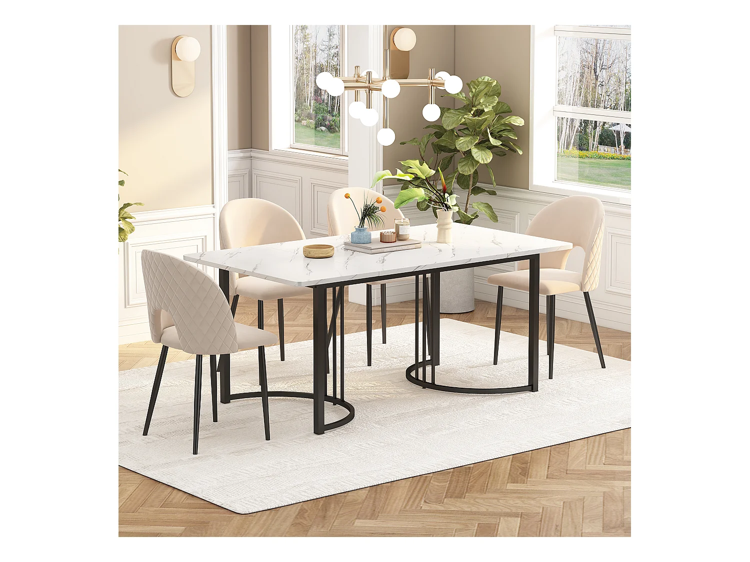 Table de salle à manger moderne 140x80cm, en MDF blanc avec pieds métalliques dorés, surface en marbre (140x80x75 cm)