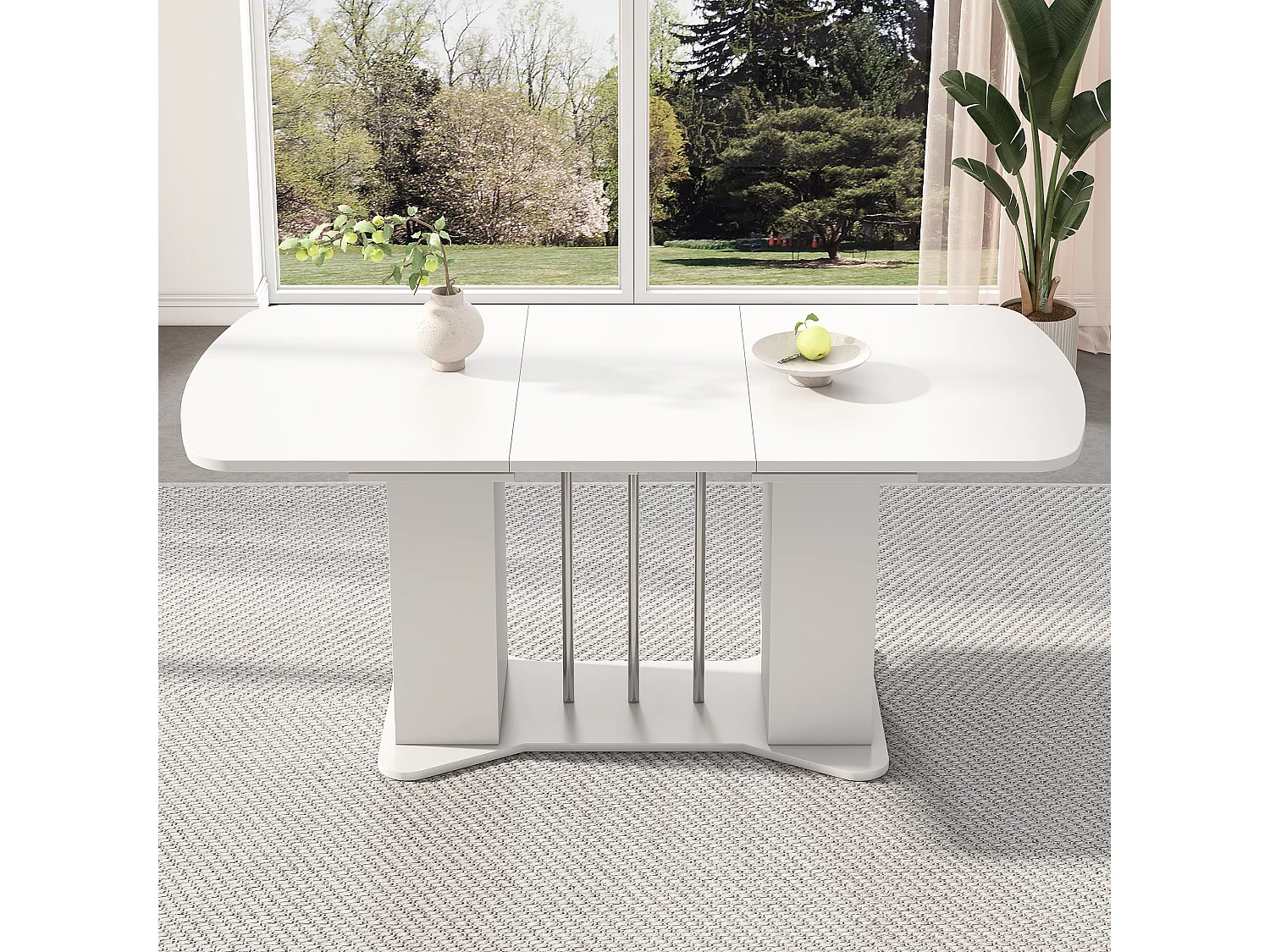 Table à manger extensible, design moderne, MDF, blanc avec pieds métalliques argentés, avec rangement intégré (L120-160 x P80 x H75.5 cm)