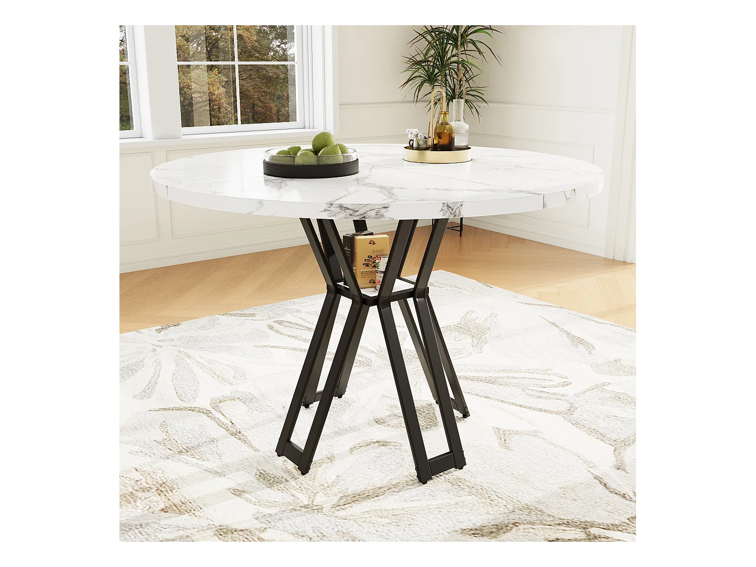 Table à manger ronde, design moderne, MDF et métal noir, marbrée, pour 4-6 personnes (100x100x76 cm)