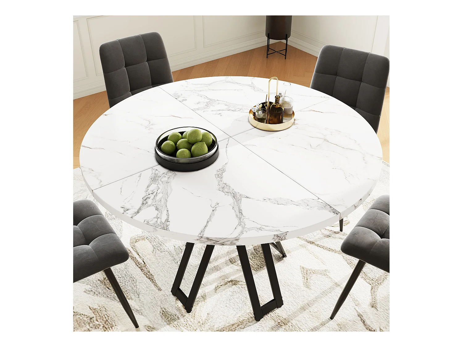 Ronde eettafel, modern design, MDF en zwart metaal, gemarmerd, voor 4-6 personen (100x100x76 cm)