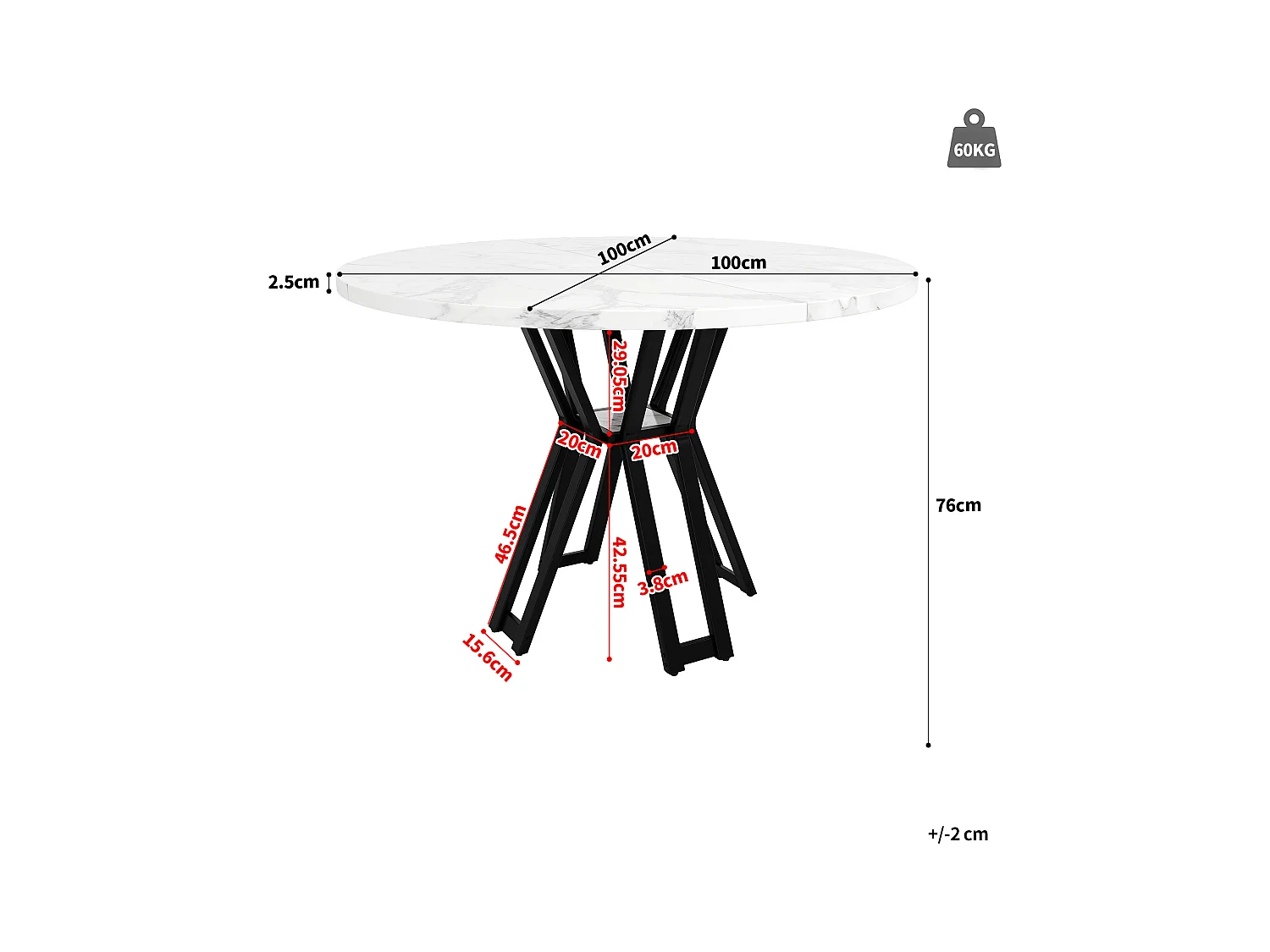 Ronde eettafel, modern design, MDF en zwart metaal, gemarmerd, voor 4-6 personen (100x100x76 cm)
