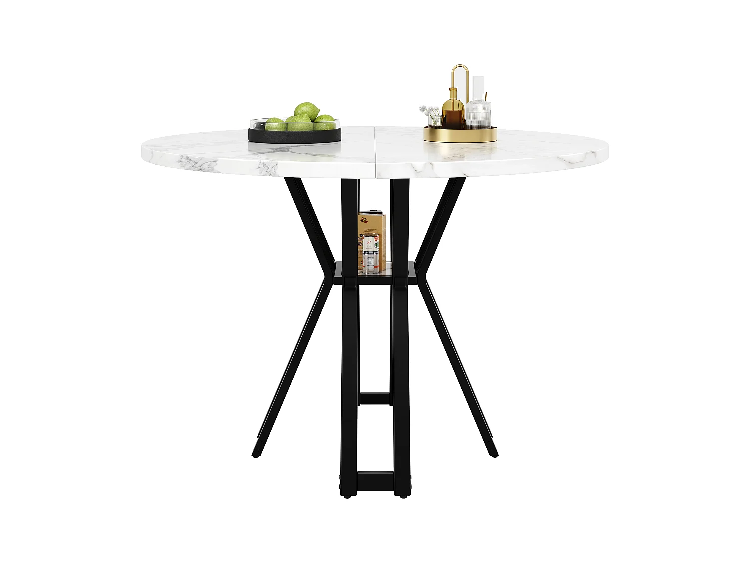 Ronde eettafel, modern design, MDF en zwart metaal, gemarmerd, voor 4-6 personen (100x100x76 cm)