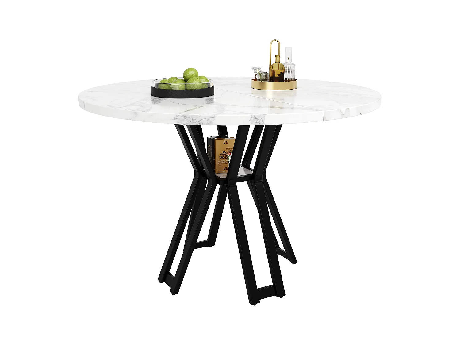 Ronde eettafel, modern design, MDF en zwart metaal, gemarmerd, voor 4-6 personen (100x100x76 cm)