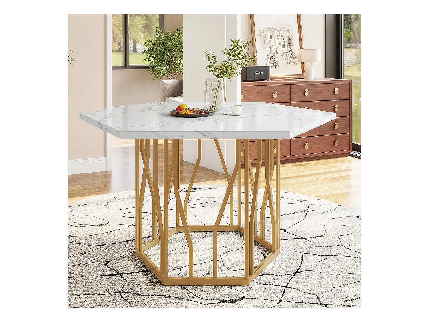 Table à manger hexagonale marbre, base métallique branche, design épuré, doré (115.5x100x75 cm)