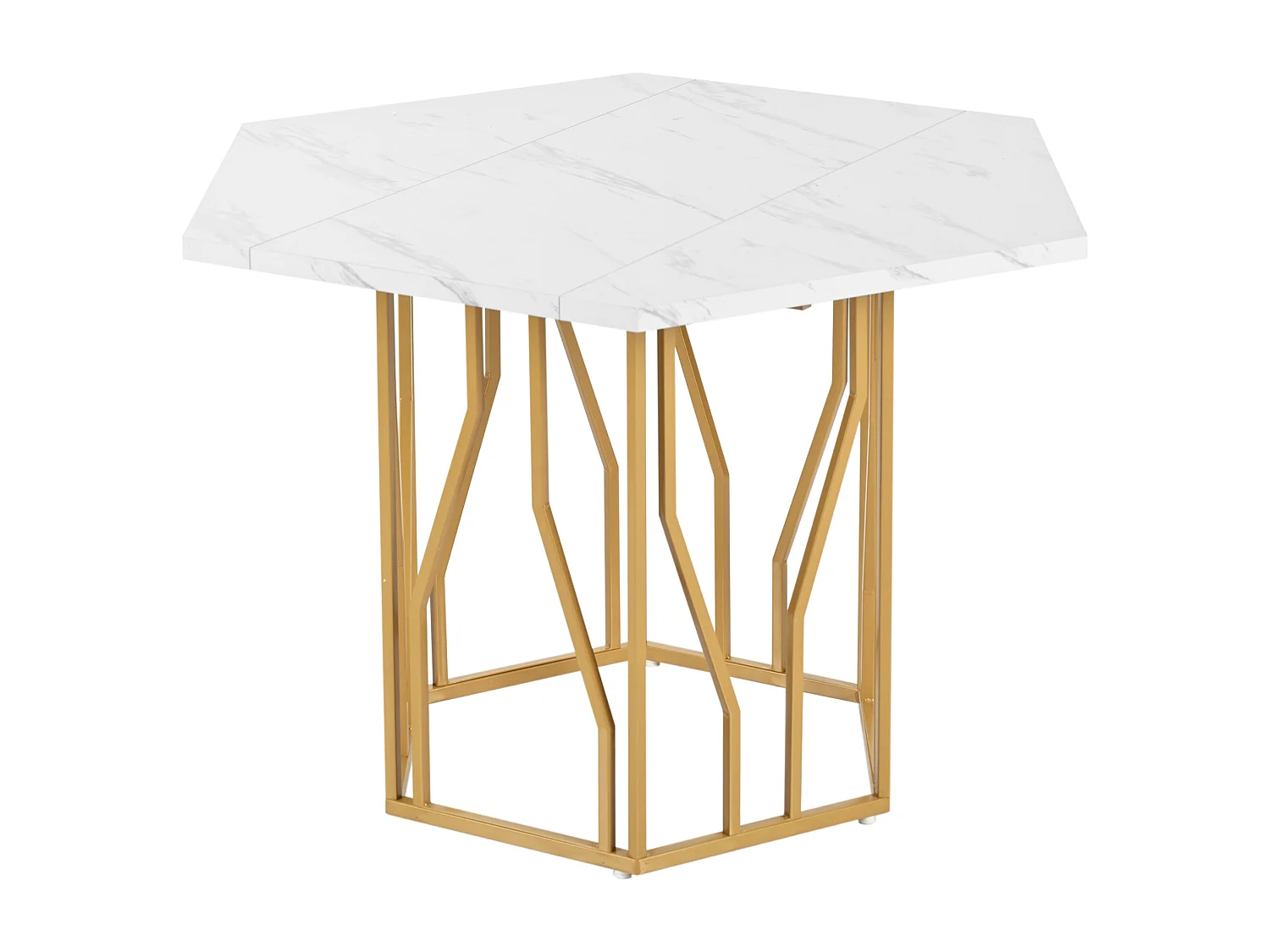 Table à manger hexagonale marbre, base métallique branche, design épuré, doré (115.5x100x75 cm)