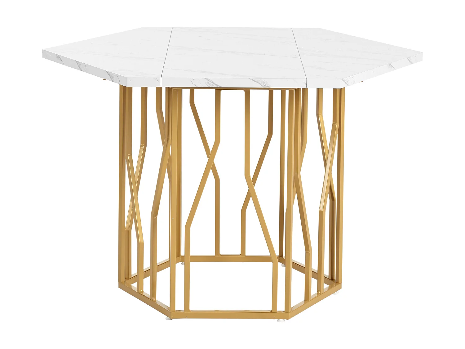 Table à manger hexagonale marbre, base métallique branche, design épuré, doré (115.5x100x75 cm)