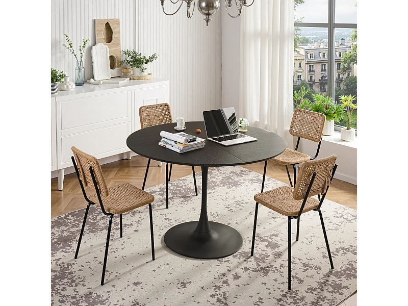 Table à Manger Ronde Moderne, Quatre Plateaux en MDF, Base Métallique, Noire (120x120x75 cm)