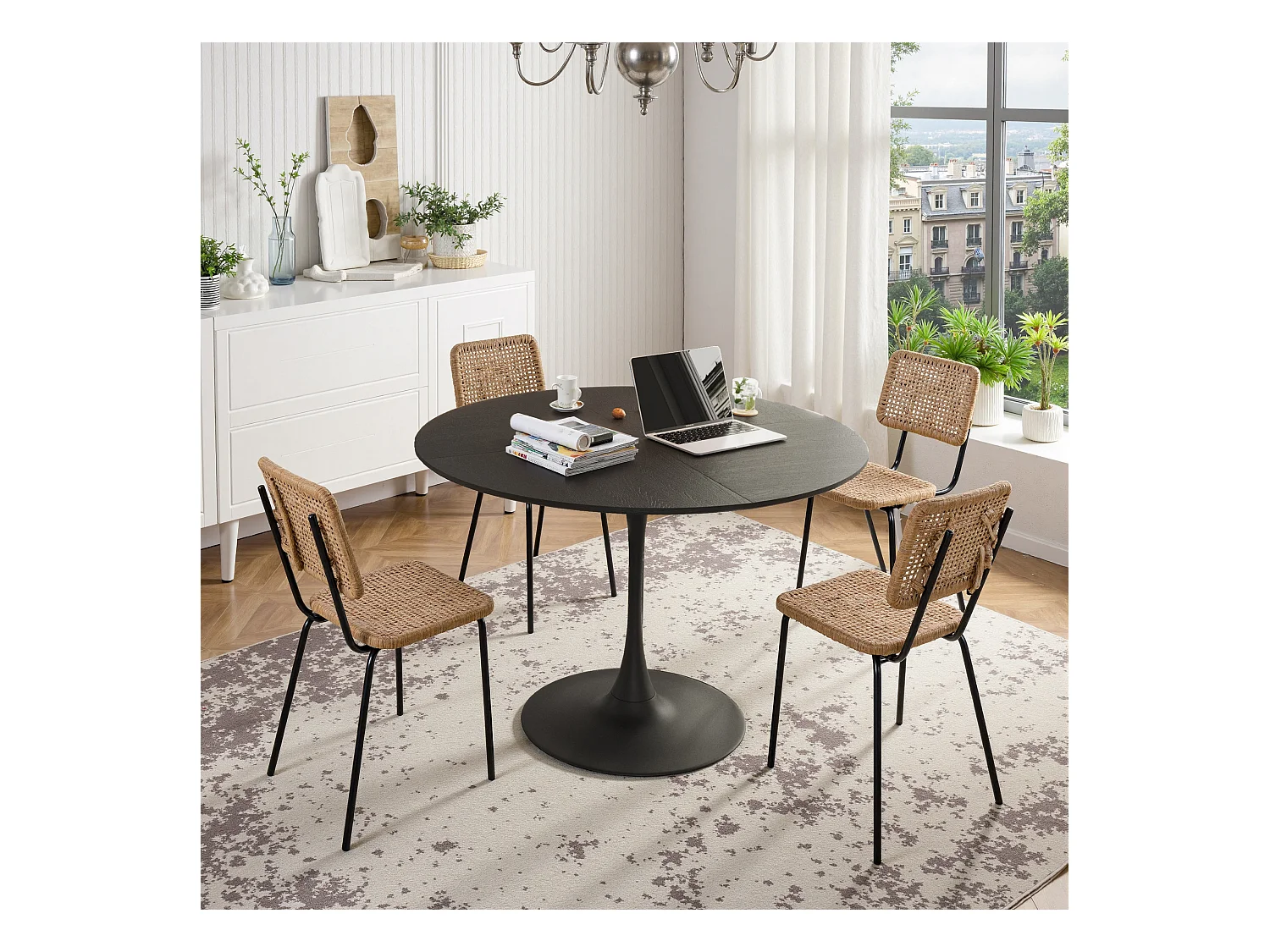 Table à Manger Ronde Moderne, Quatre Plateaux en MDF, Base Métallique, Noire (120x120x75 cm)