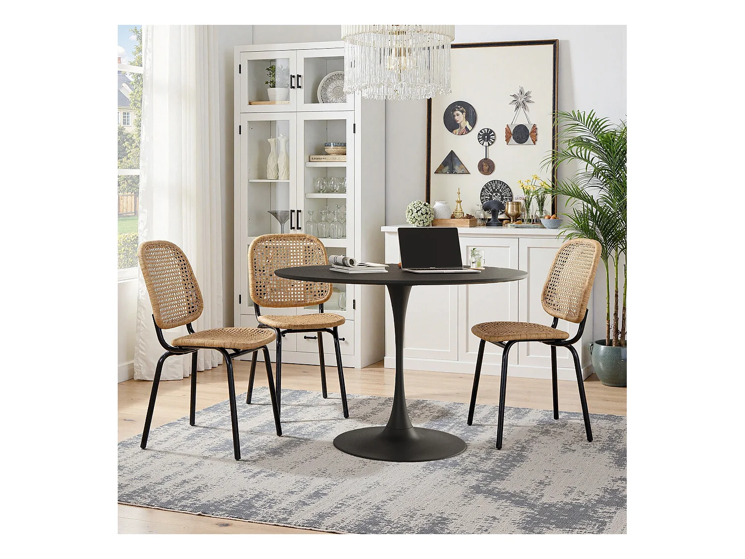 Table à Manger Ronde Moderne, Quatre Plateaux en MDF, Base Métallique, Noire (120x120x75 cm)