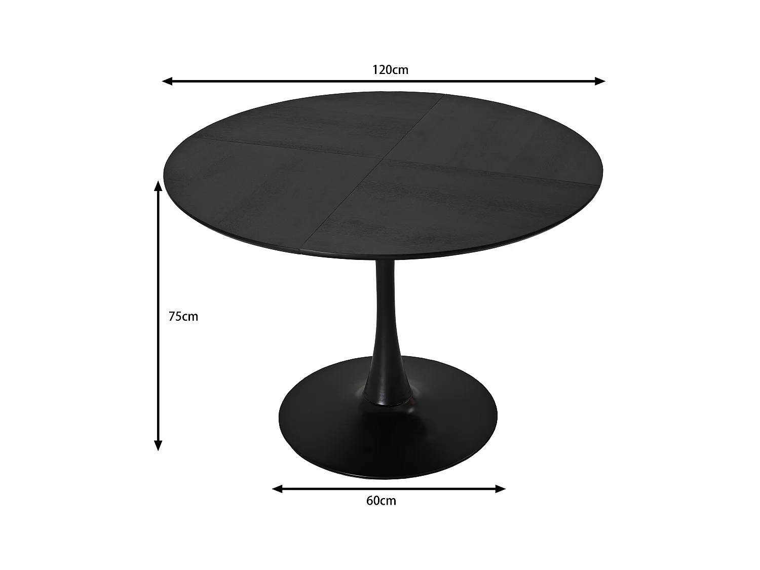 Table à Manger Ronde Moderne, Quatre Plateaux en MDF, Base Métallique, Noire (120x120x75 cm)