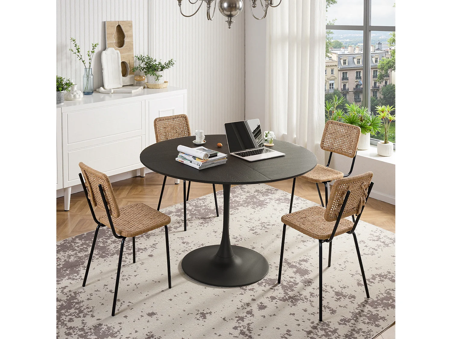 Table à Manger Ronde Moderne, Quatre Plateaux en MDF, Base Métallique, Noire (120x120x75 cm)