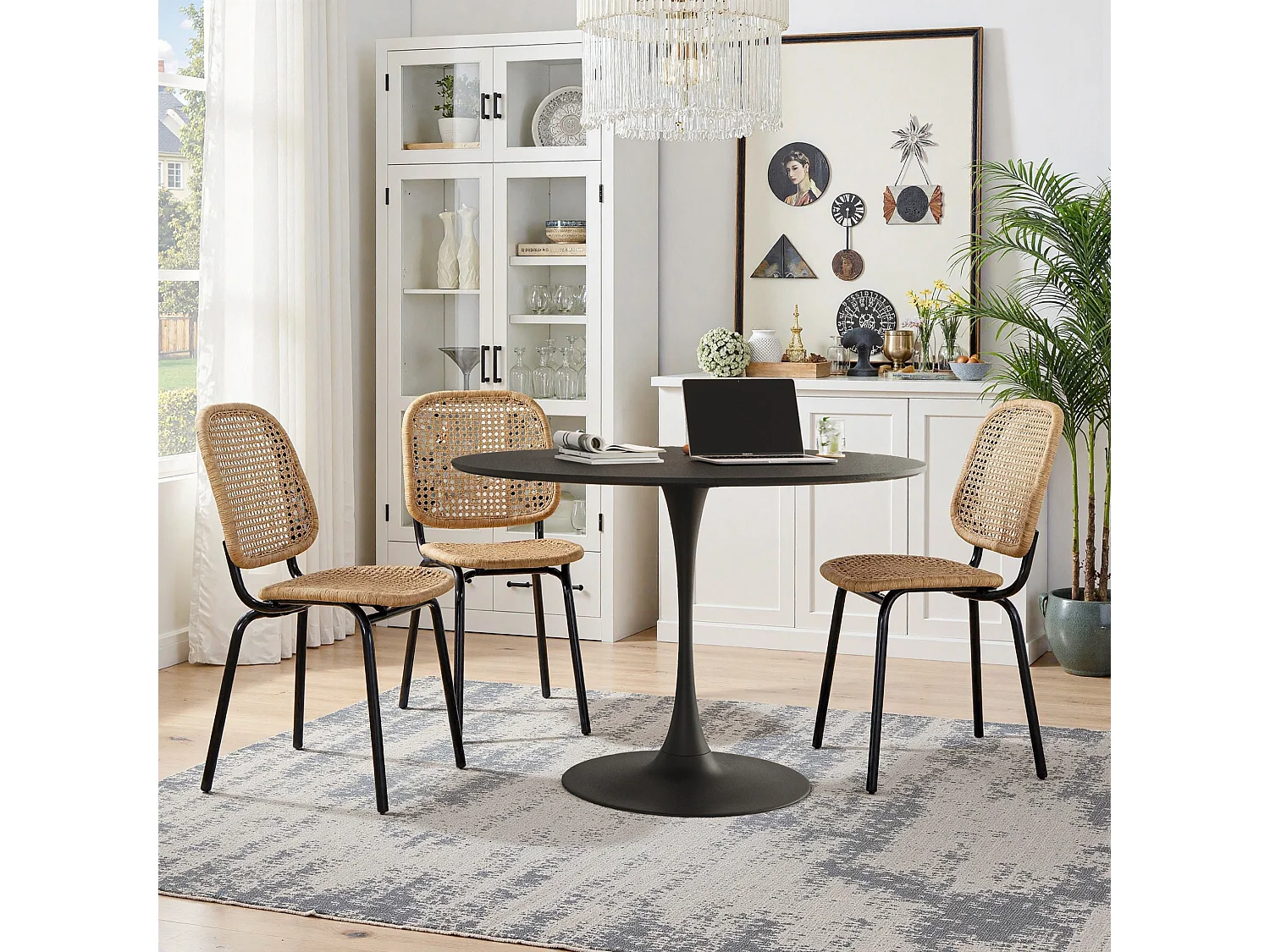 Table à Manger Ronde Moderne, Quatre Plateaux en MDF, Base Métallique, Noire (120x120x75 cm)