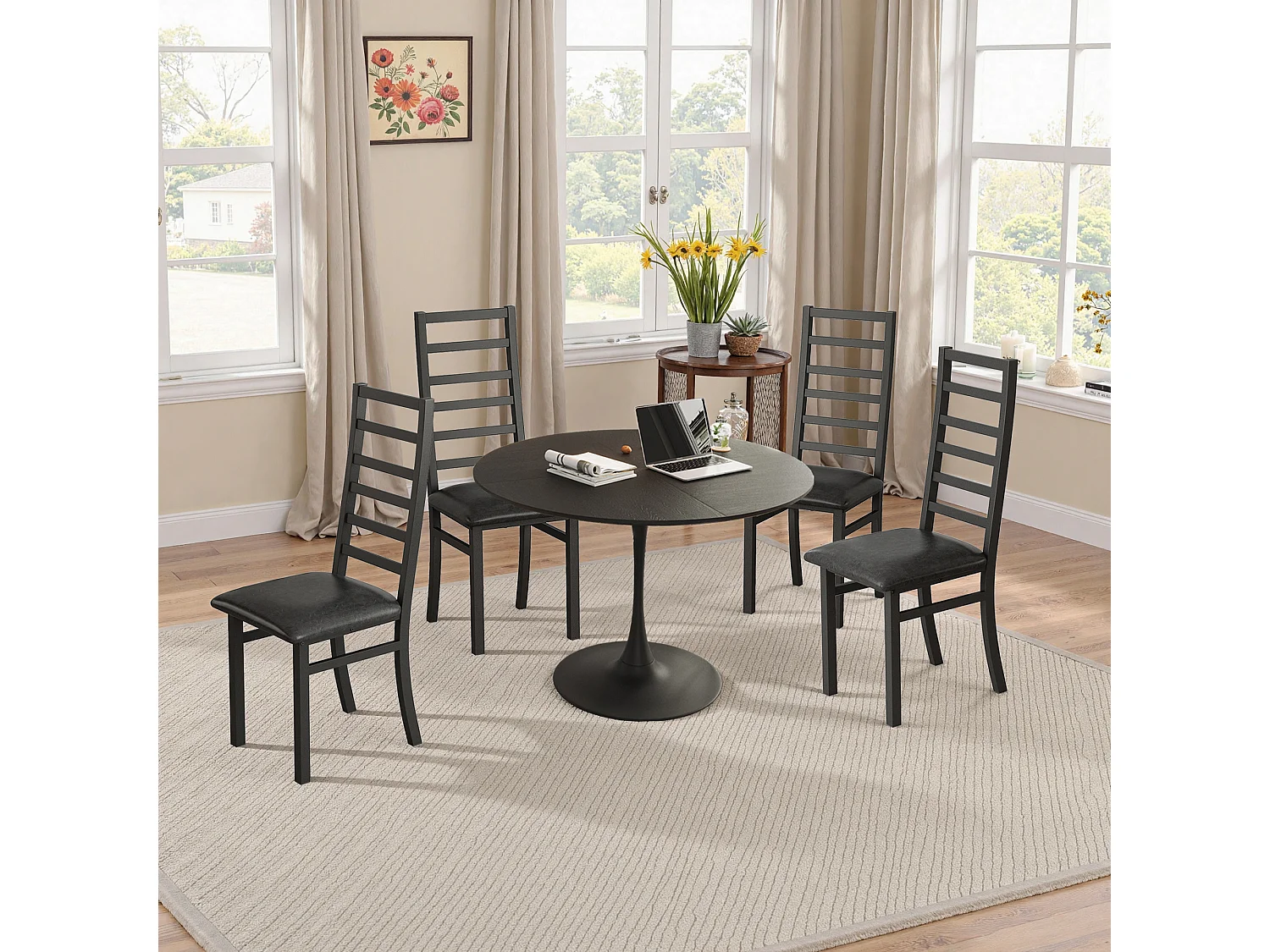 Table à Manger Ronde Moderne, Quatre Plateaux en MDF, Base Métallique, Noire (120x120x75 cm)