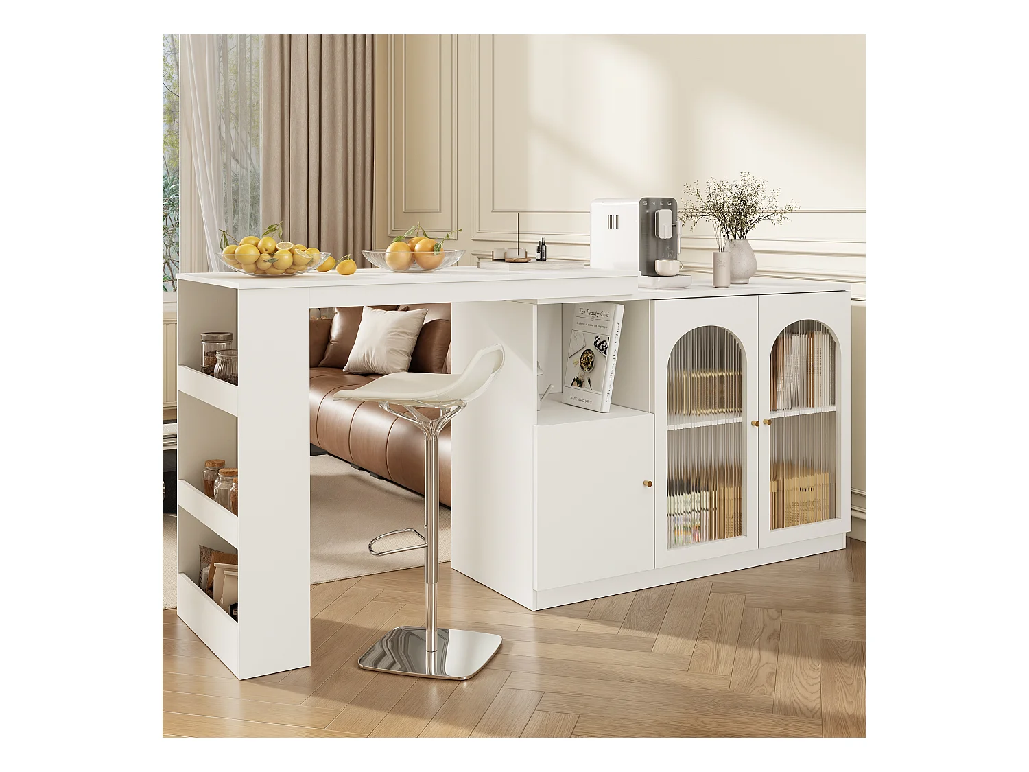 Table de bar rotative 360° (120×40×97 cm), meuble multifonctionnel avec porte en verre, blanc, design moderne et épuré