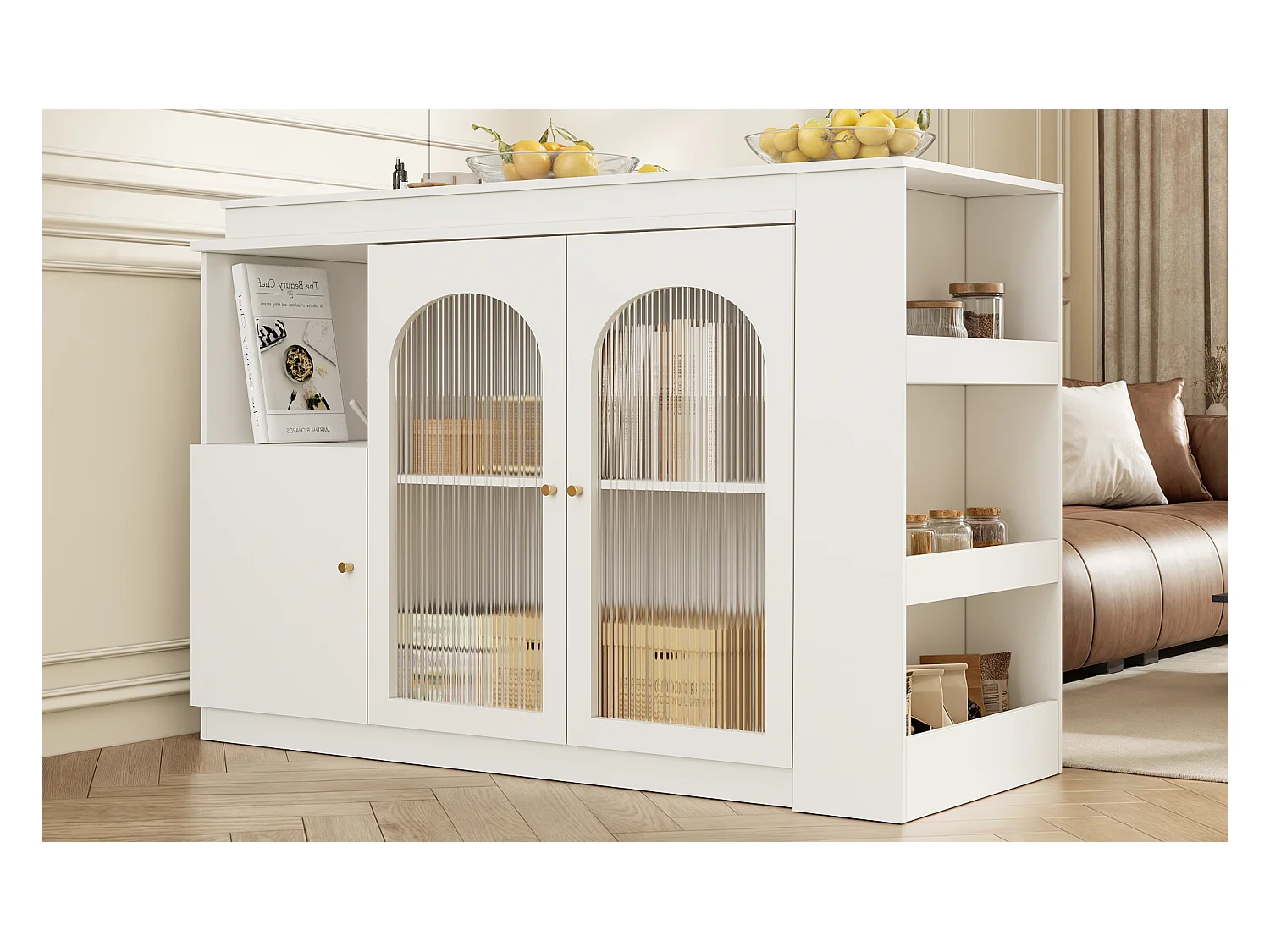 Table de bar rotative 360° (120×40×97 cm), meuble multifonctionnel avec porte en verre, blanc, design moderne et épuré