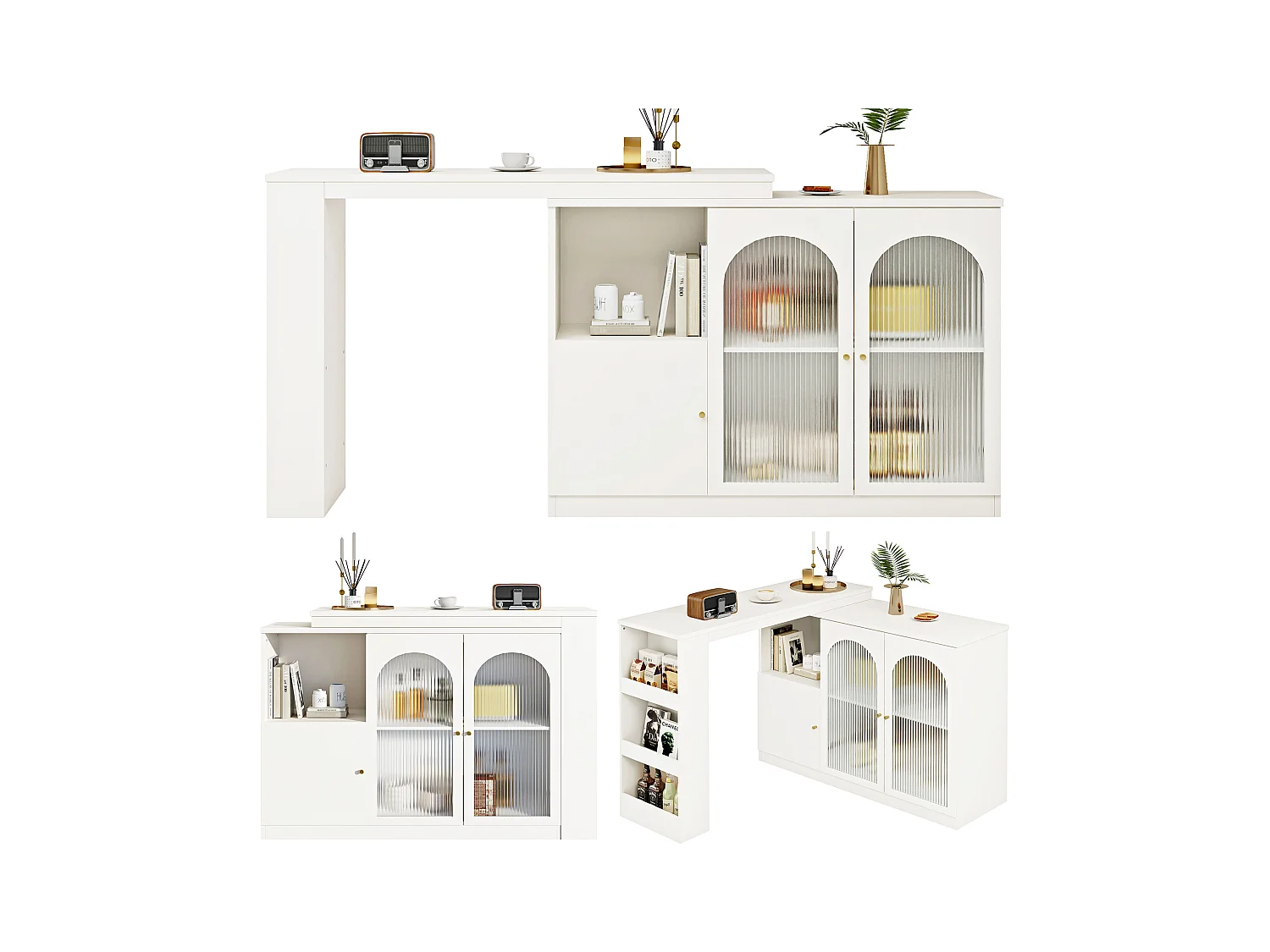 Table de bar rotative 360° (120×40×97 cm), meuble multifonctionnel avec porte en verre, blanc, design moderne et épuré