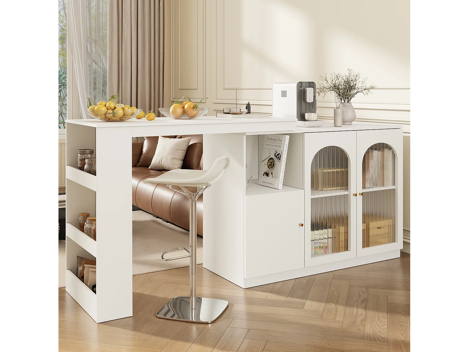 Table de bar rotative 360° (120×40×97 cm), meuble multifonctionnel avec porte en verre, blanc, design moderne et épuré