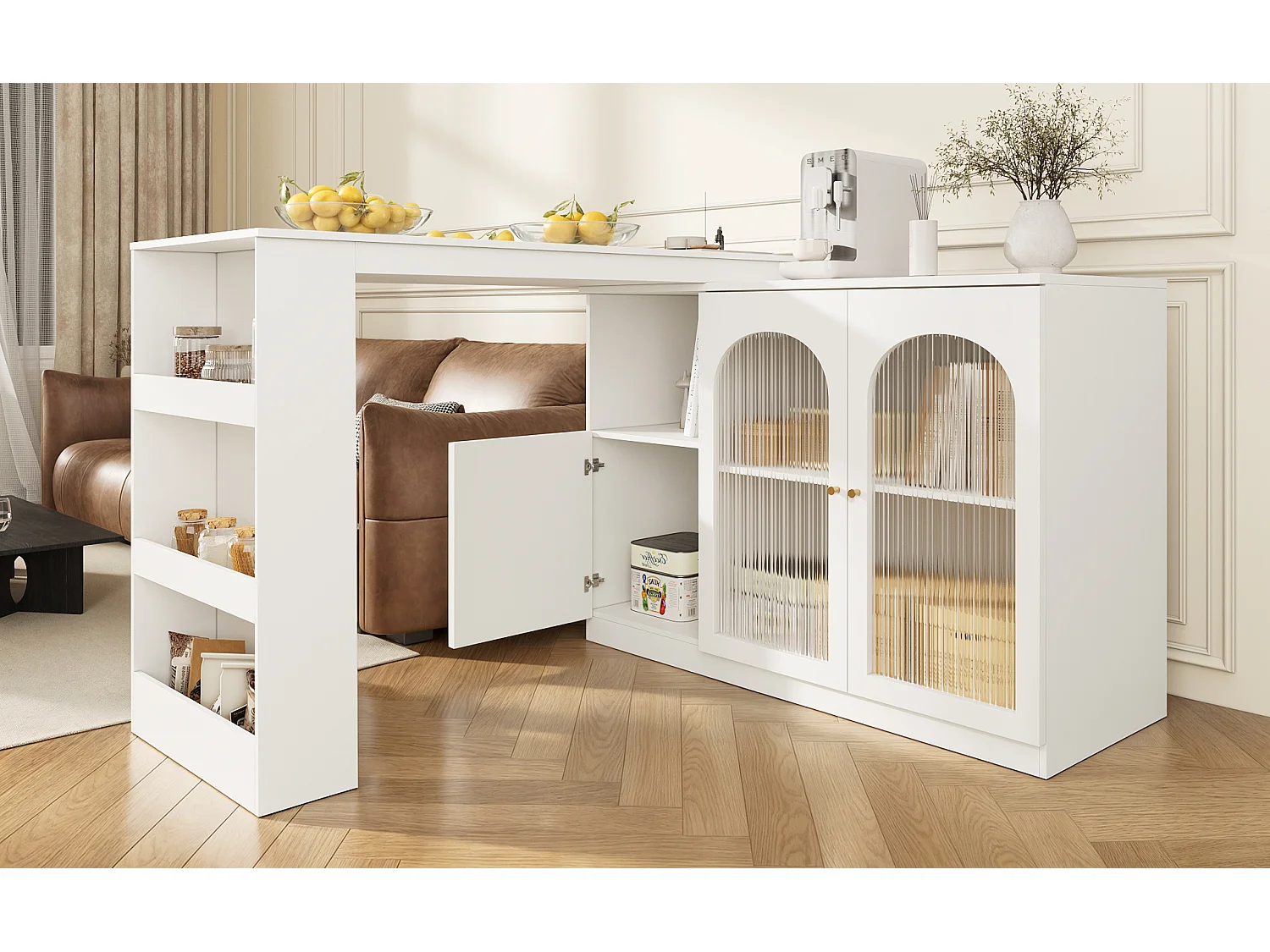 Table de bar rotative 360° (120×40×97 cm), meuble multifonctionnel avec porte en verre, blanc, design moderne et épuré