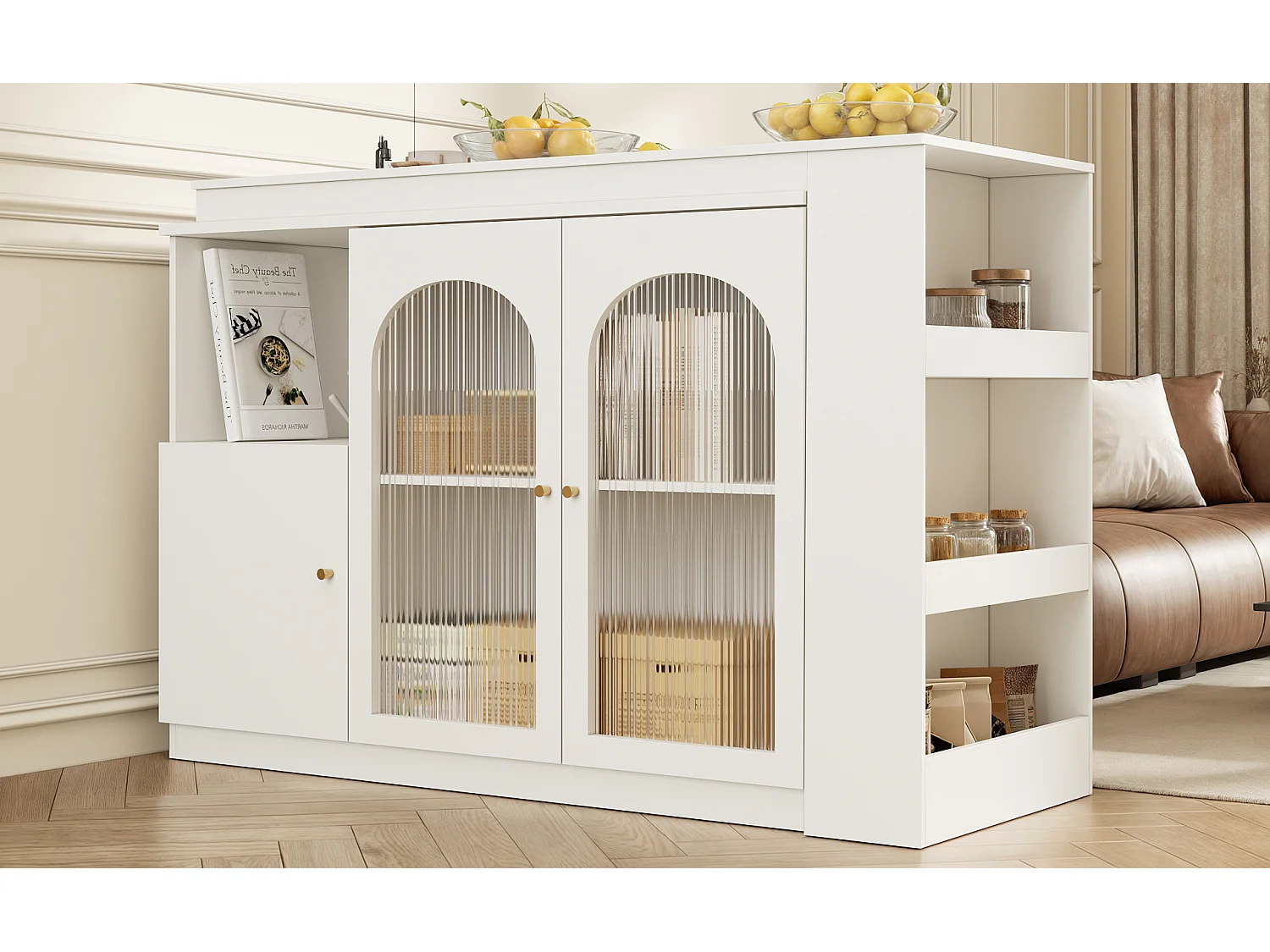 Table de bar rotative 360° (120×40×97 cm), meuble multifonctionnel avec porte en verre, blanc, design moderne et épuré