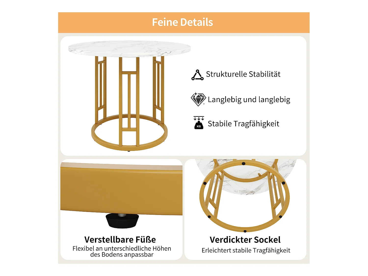 Table ronde design, plateau MDF marbré, pieds métal doré, pour cuisine et salon (80x80x76cm)