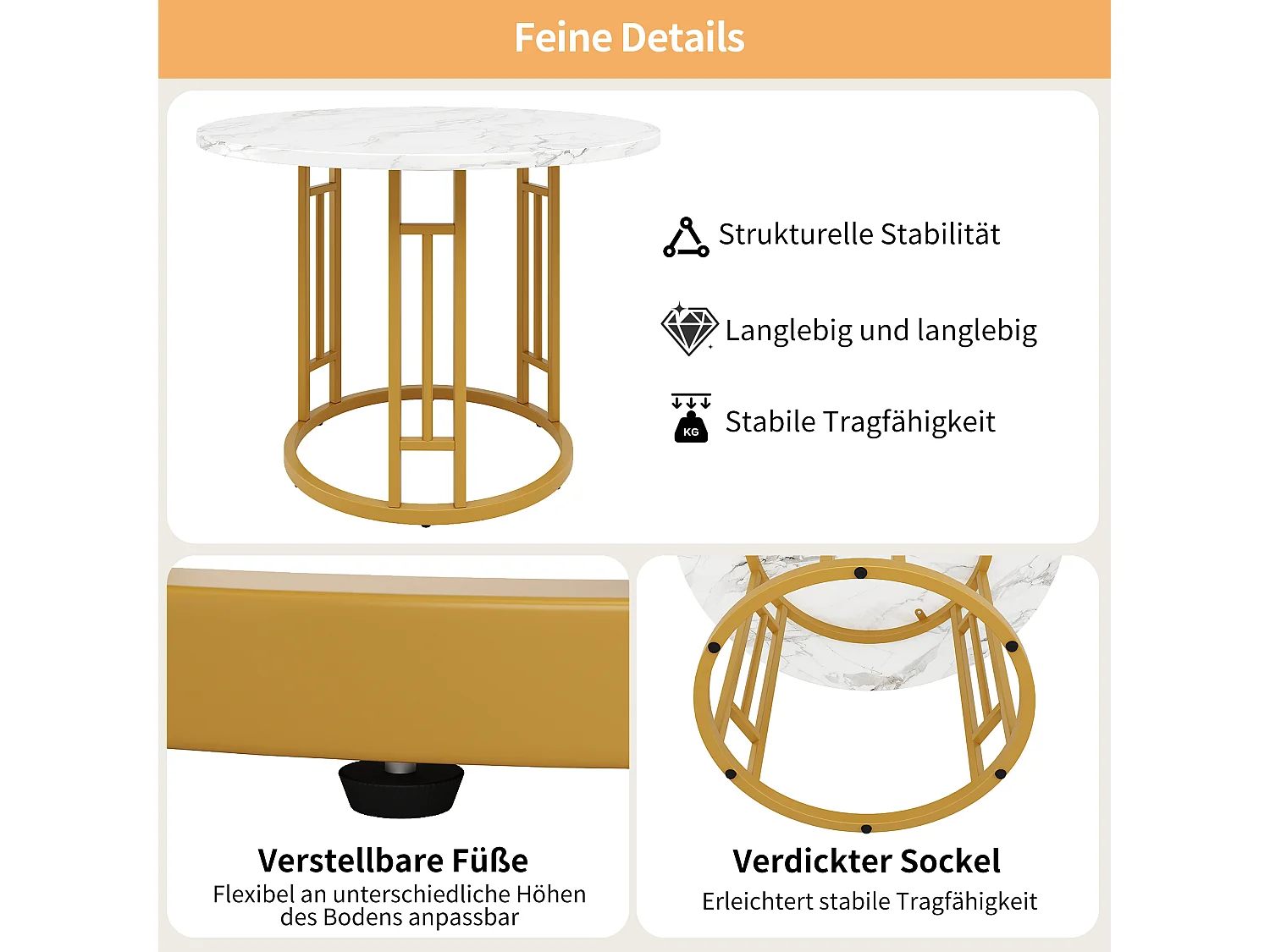 Table ronde design, plateau MDF marbré, pieds métal doré, pour cuisine et salon (80x80x76cm)