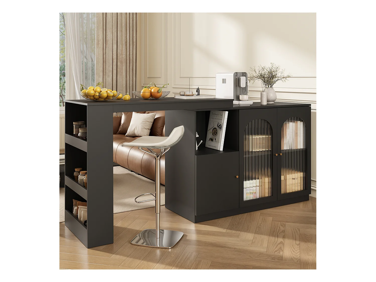 Table de bar rotative 360° (120×40×97 cm), meuble moderne avec porte en verre et compartiment de rangement, pour cuisine et salon