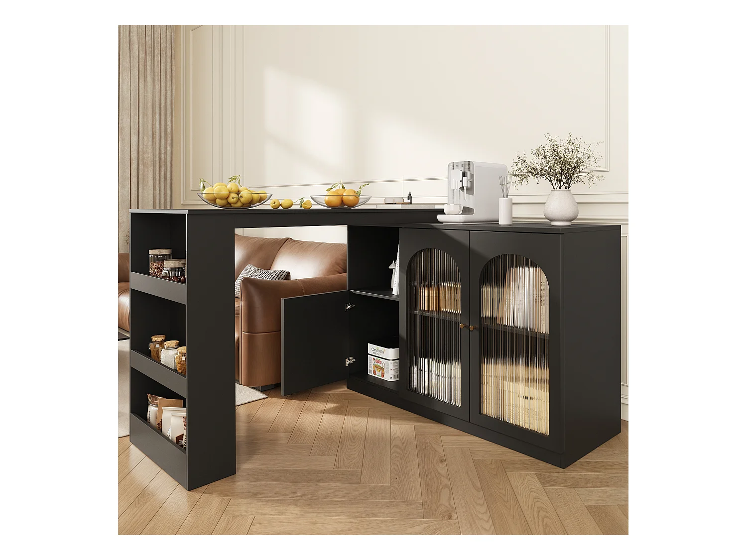 Table de bar rotative 360° (120×40×97 cm), meuble moderne avec porte en verre et compartiment de rangement, pour cuisine et salon