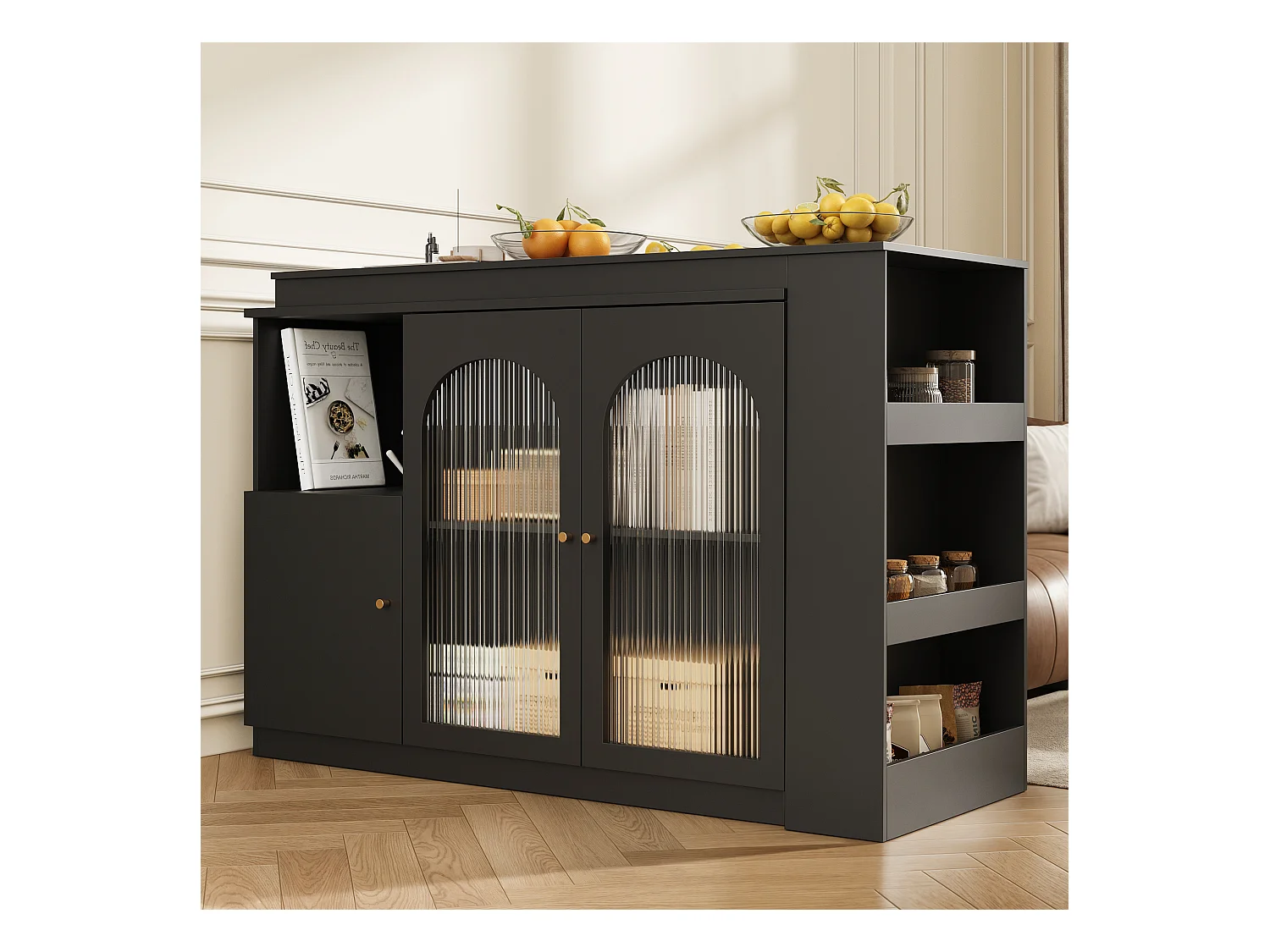 Table de bar rotative 360° (120×40×97 cm), meuble moderne avec porte en verre et compartiment de rangement, pour cuisine et salon