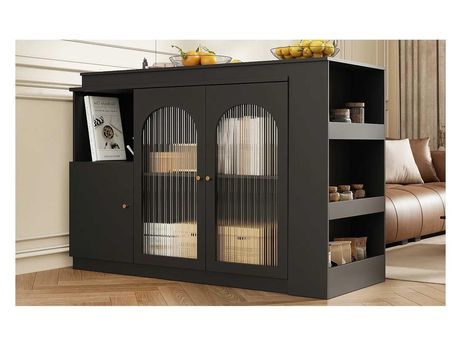 Table de bar rotative 360° (120×40×97 cm), meuble moderne avec porte en verre et compartiment de rangement, pour cuisine et salon