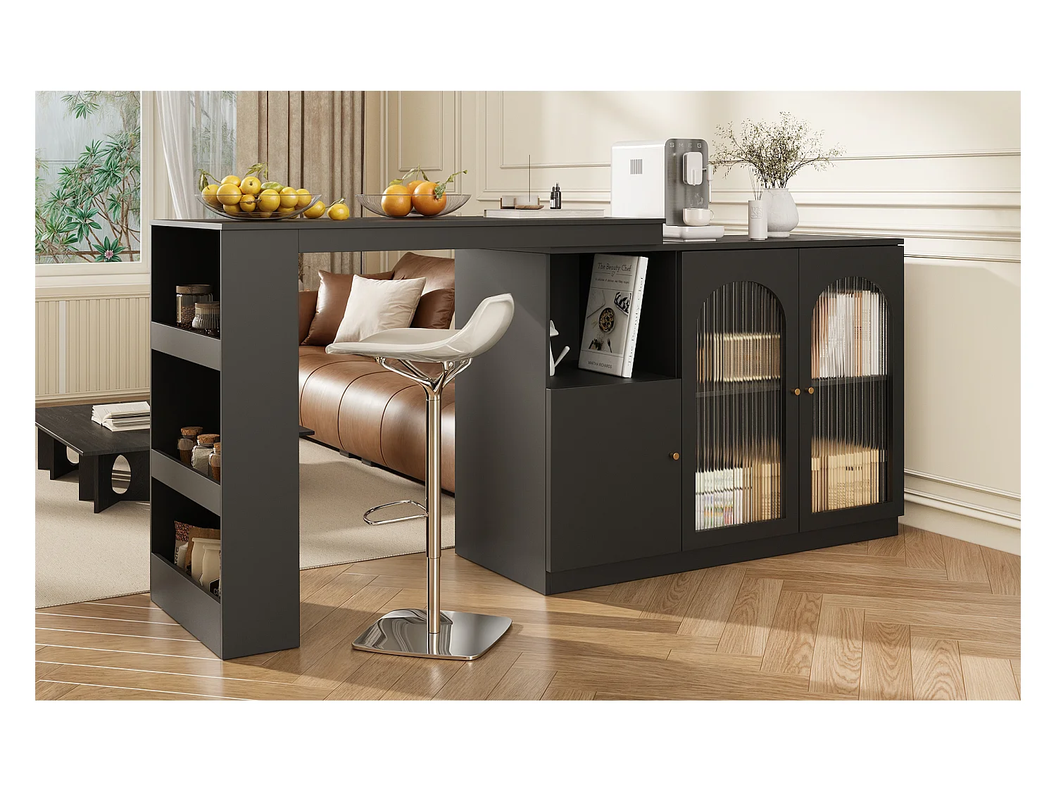 Table de bar rotative 360° (120×40×97 cm), meuble moderne avec porte en verre et compartiment de rangement, pour cuisine et salon