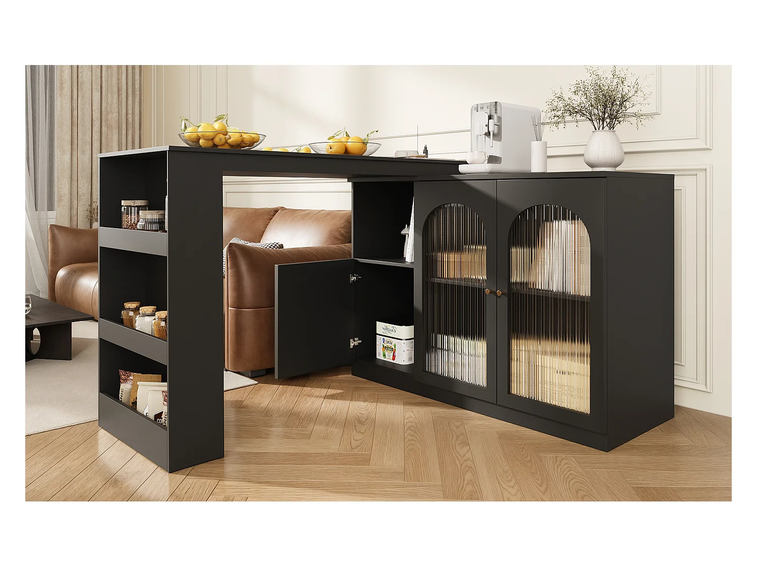 Table de bar rotative 360° (120×40×97 cm), meuble moderne avec porte en verre et compartiment de rangement, pour cuisine et salon