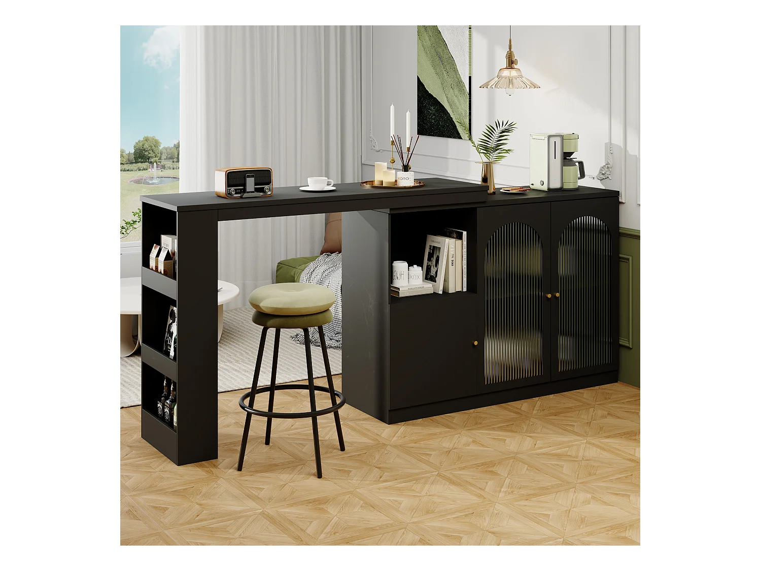 Table de bar rotative 360° (120×40×97 cm), meuble moderne avec porte en verre et compartiment de rangement, pour cuisine et salon