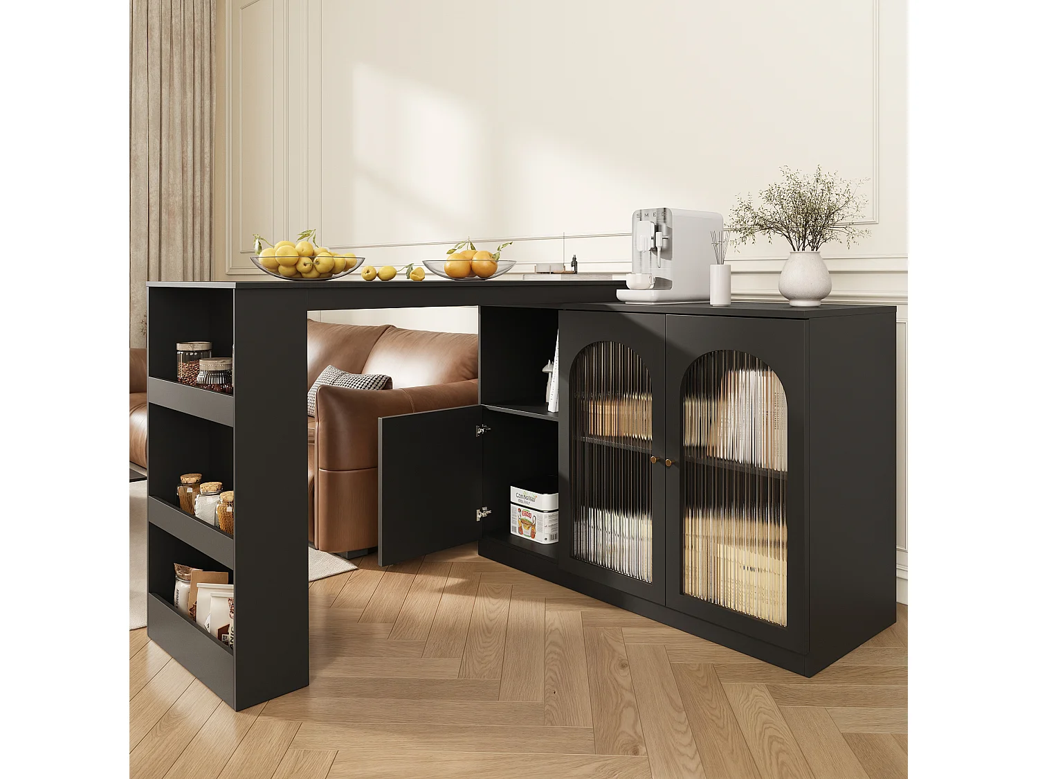 360° draaibare bartafel (120×40×97 cm), modern meubel met glazen deur en opbergvak, voor keuken en woonkamer