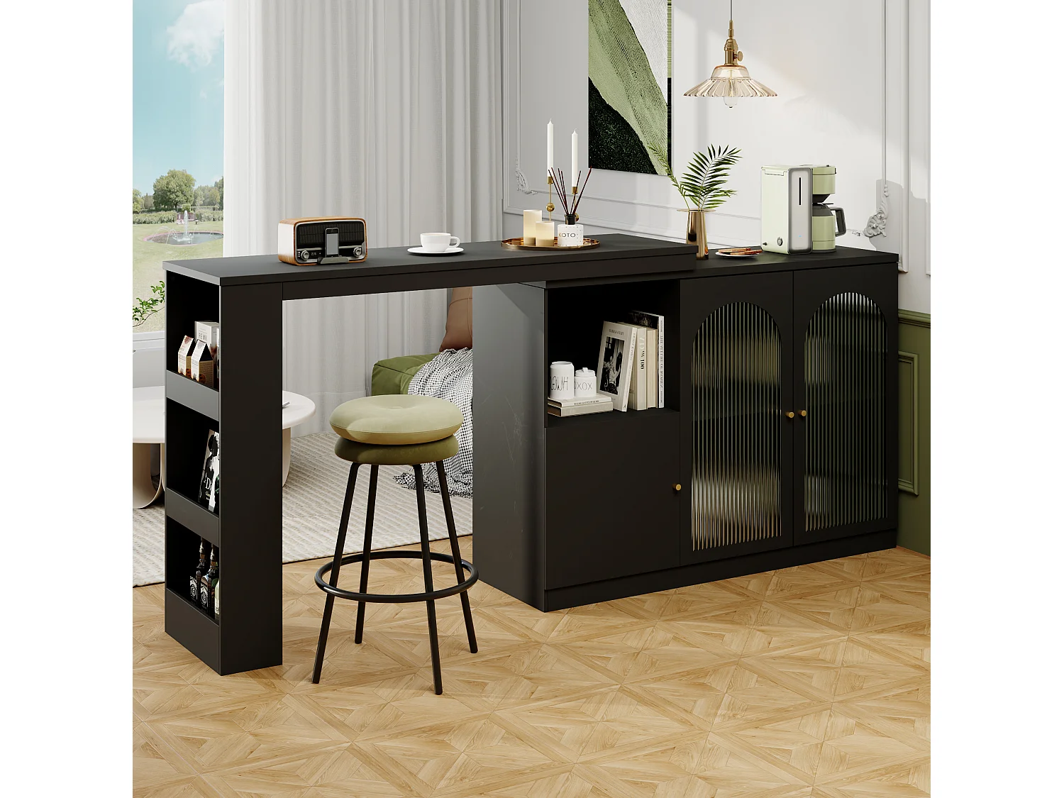 360° draaibare bartafel (120×40×97 cm), modern meubel met glazen deur en opbergvak, voor keuken en woonkamer