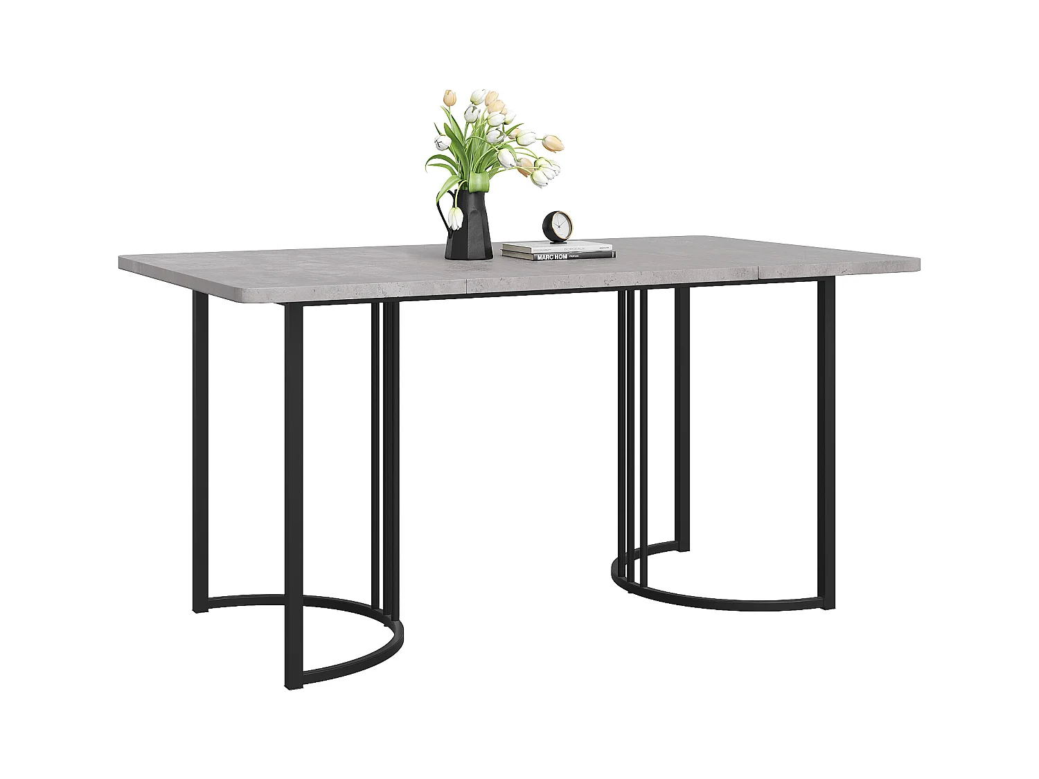 Table de salle à manger moderne 140x80cm, en MDF blanc avec pieds métalliques noirs, surface en marbre (140x80x75 cm)