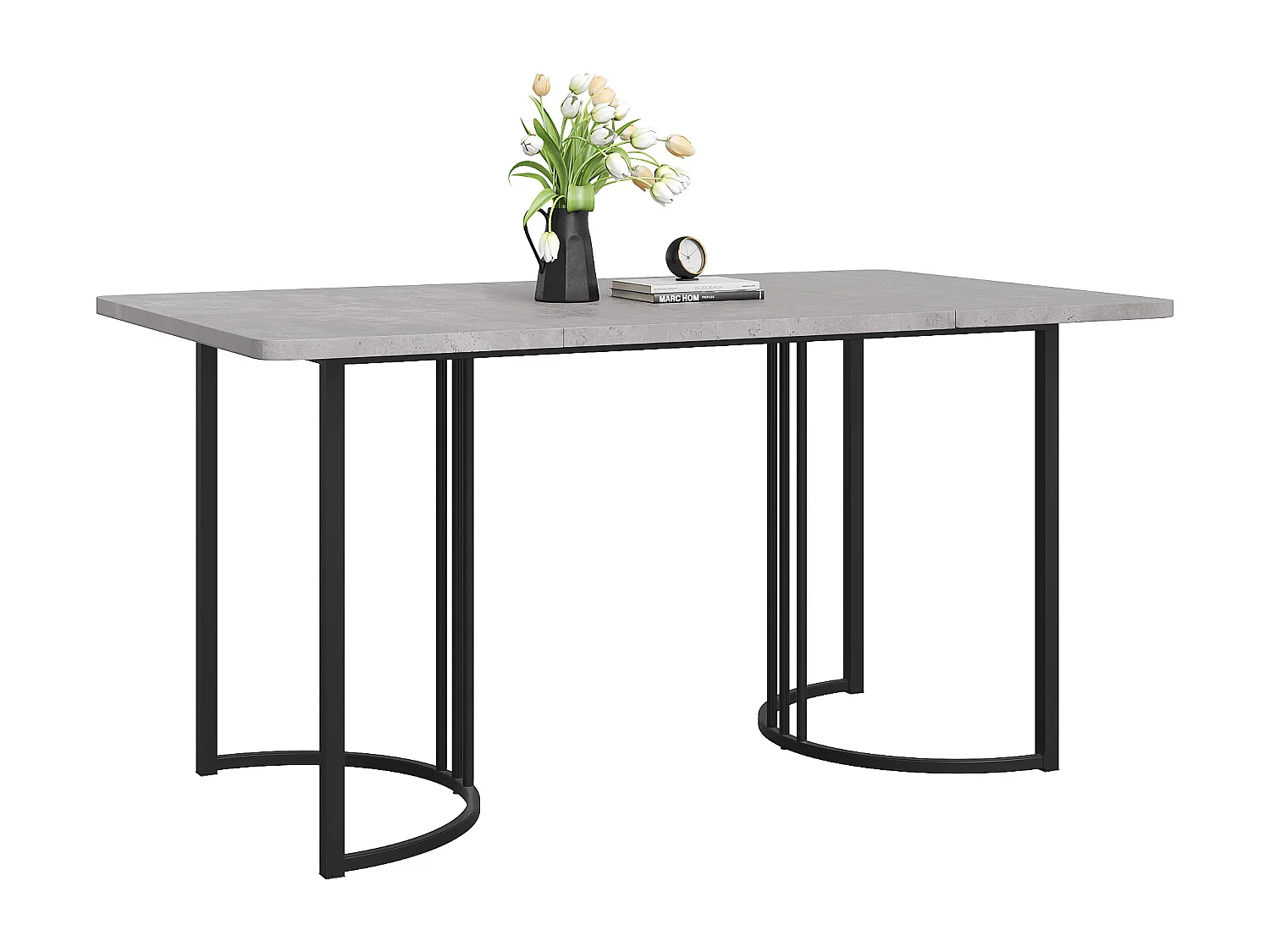 Table de salle à manger moderne 140x80cm, en MDF blanc avec pieds métalliques noirs, surface en marbre (140x80x75 cm)