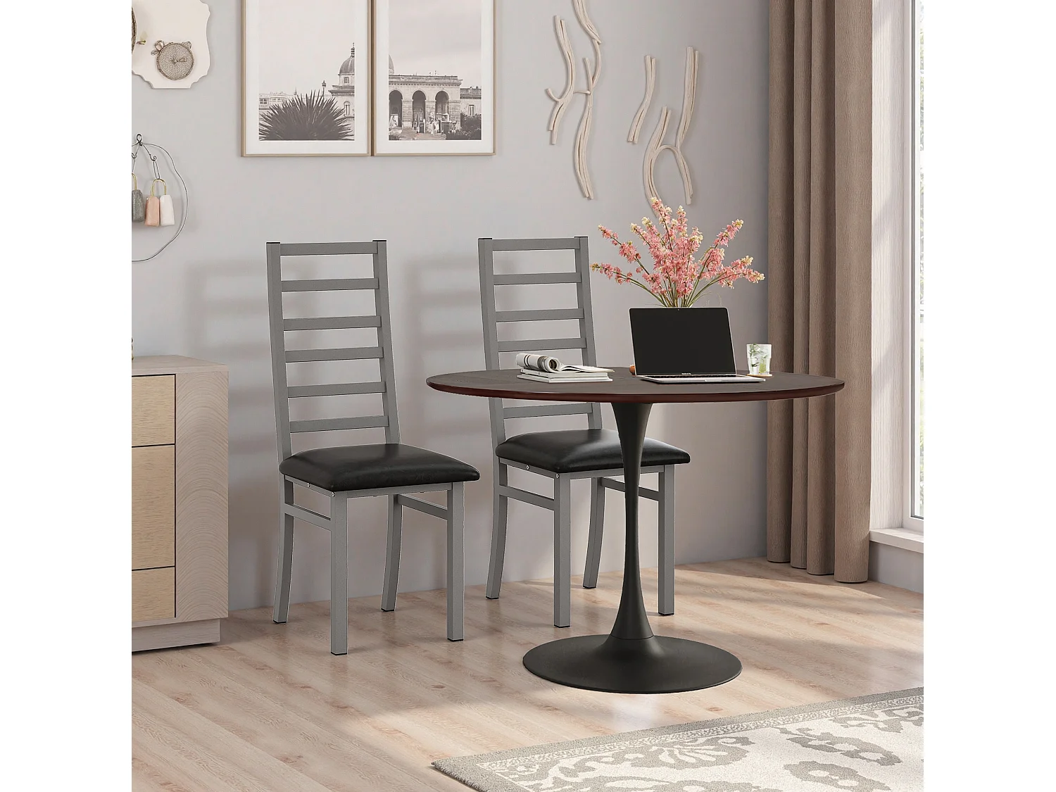 Tavolo rotondo moderno, quattro vassoi in MDF, base in metallo, colore rovere (120x120x75 cm)