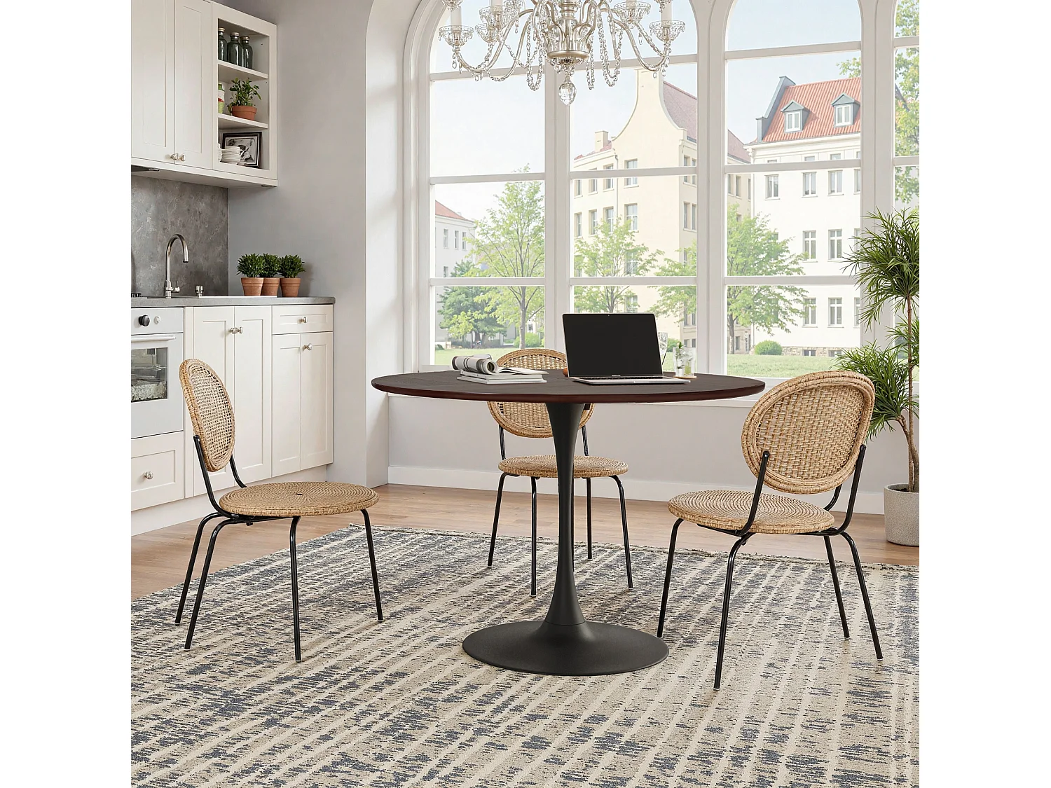 Table Ronde Moderne, Quatre Plateaux en MDF, Base Métallique, Couleur Chêne (120x120x75 cm)