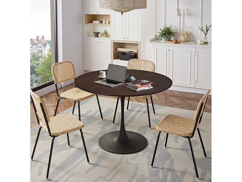 Table Ronde Moderne, Quatre Plateaux en MDF, Base Métallique, Couleur Chêne (120x120x75 cm)